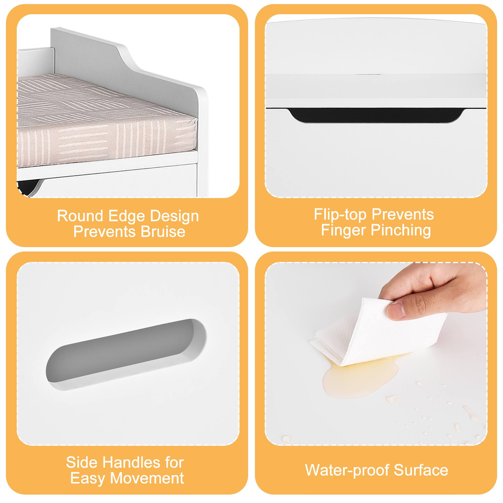 1. Round Edge Design Prevents Bruise
2. Flip-top Prevents Finger Pinching
3. Side Handles for Easy Movement
4. Water-proof Surface