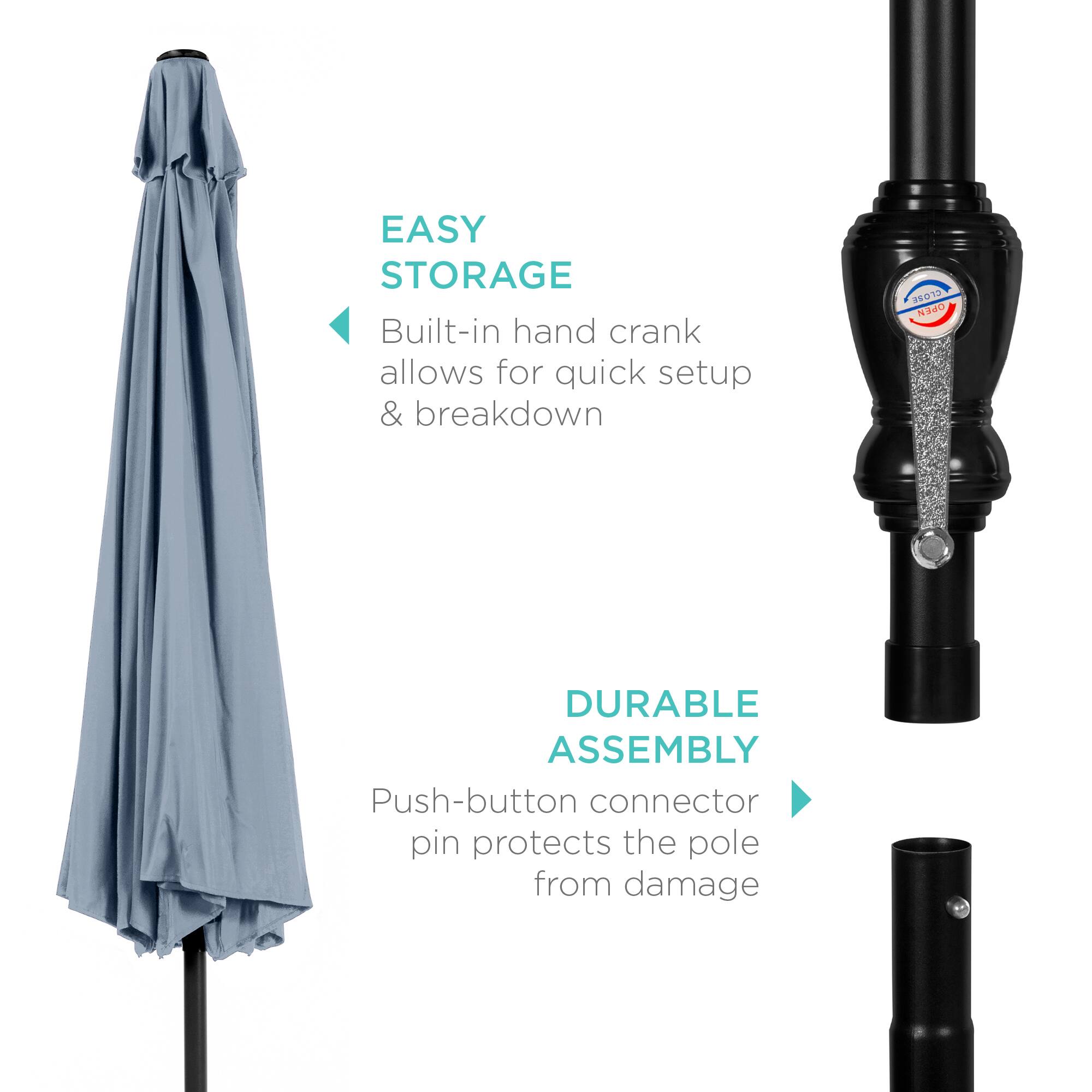 EASY STORAGE: Built-in hand crank allows for quick setup & breakdown.

DURABLE ASSEMBLY: Push-button connector pin protects the pole from damage.