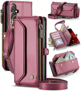 Dteck - Crossbody Wallet Case for Samsung Galaxy S25 FE with Card Slots and Zipper Pocket, RFID Blocking PU Leather Cover - Winered