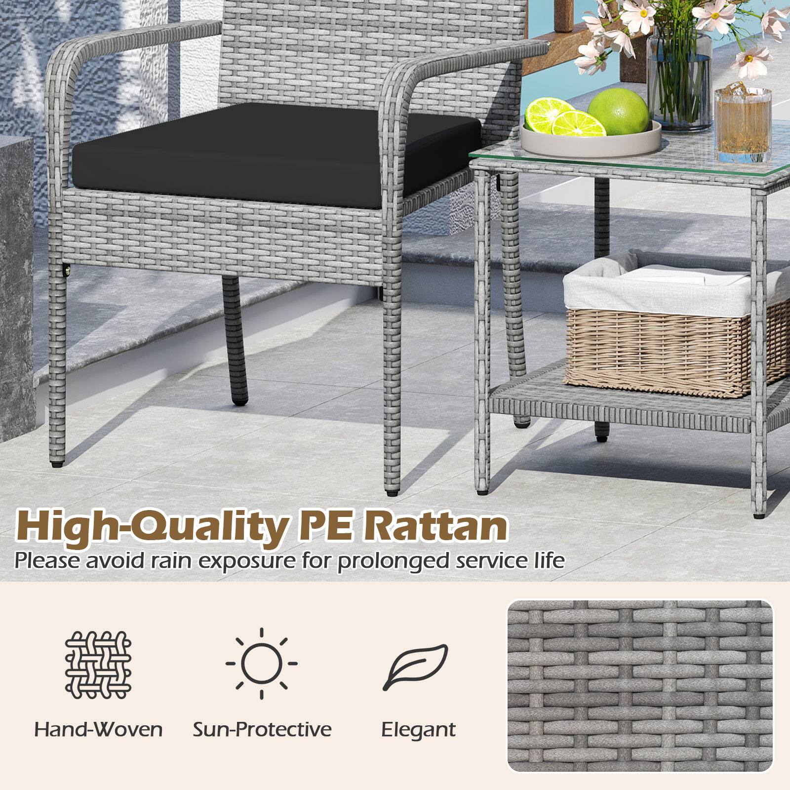High-Quality PE Rattan  
Please avoid rain exposure for prolonged service life  

Hand-Woven  
Sun-Protective  
Elegant