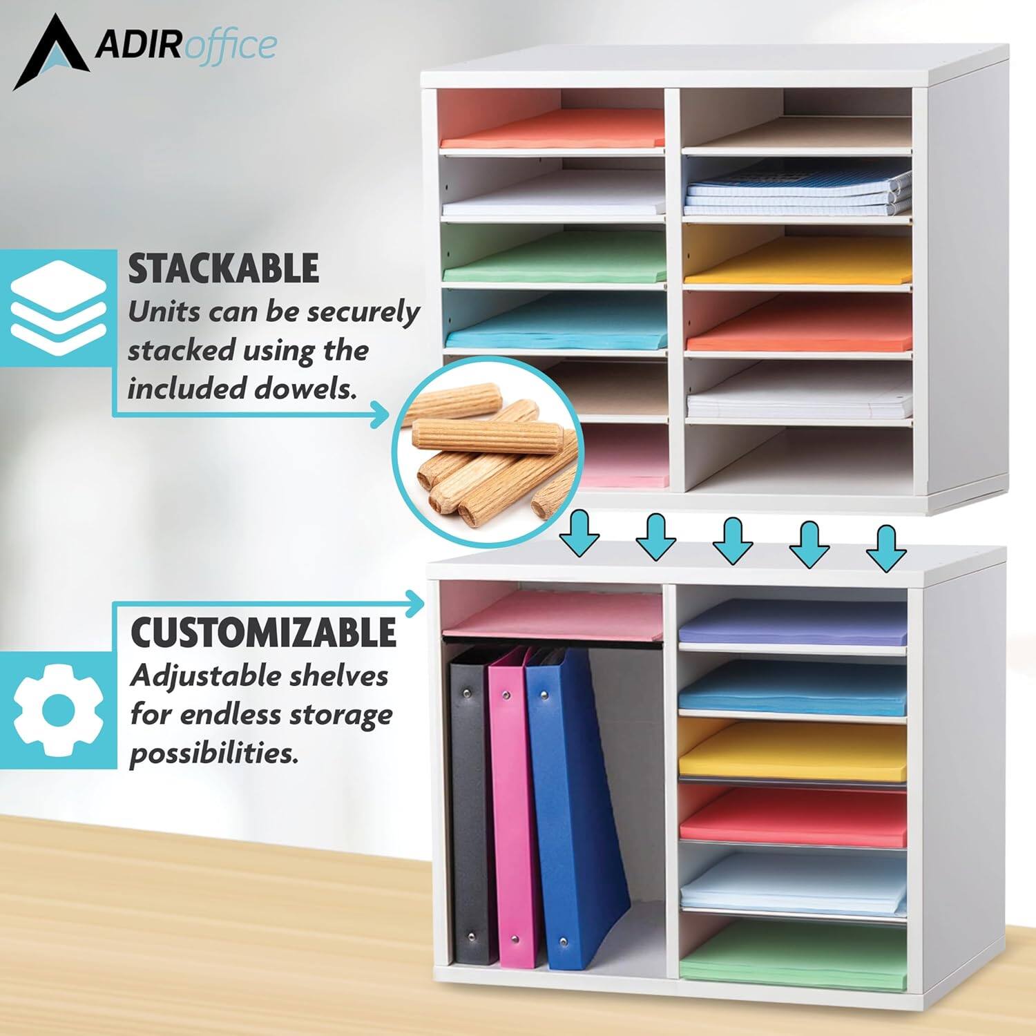 ADIRoffice STACKABLE Units can be securely stacked using the included dowels. CUSTOMIZABLE Adjustable shelves for endless storage possibilities.