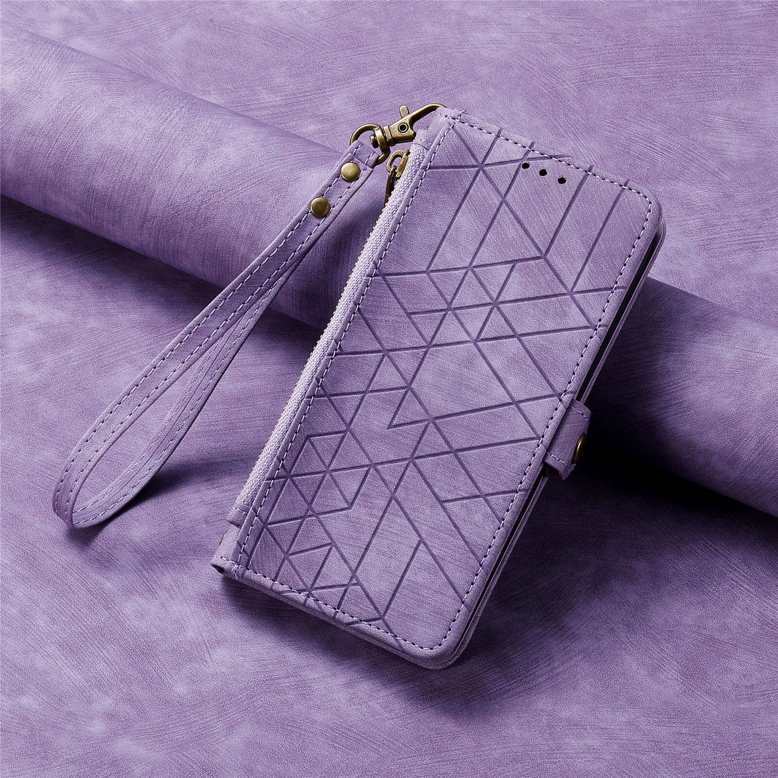 Back. Dteck - For Samsung Galaxy S25 Plus Zipper Wallet PU Leather Handbag Purse Flip Kickstand Card Slots Holder Wrist Strap Cover - Purple.