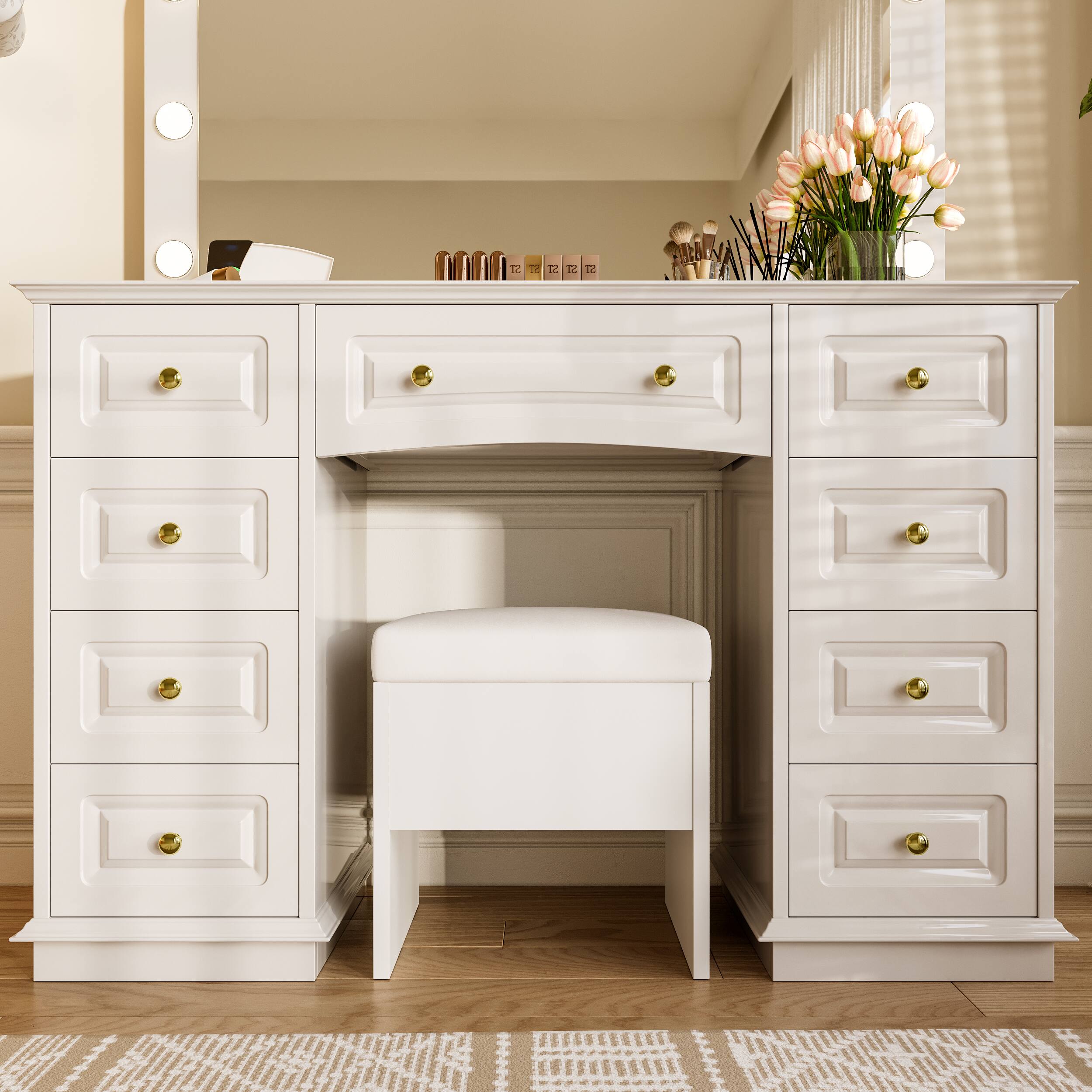 Back. Lirago - Luxurious White Wood Makeup Vanities Dresser Table Desk  53.54"H x 15.75"D x 44.2"W - White.