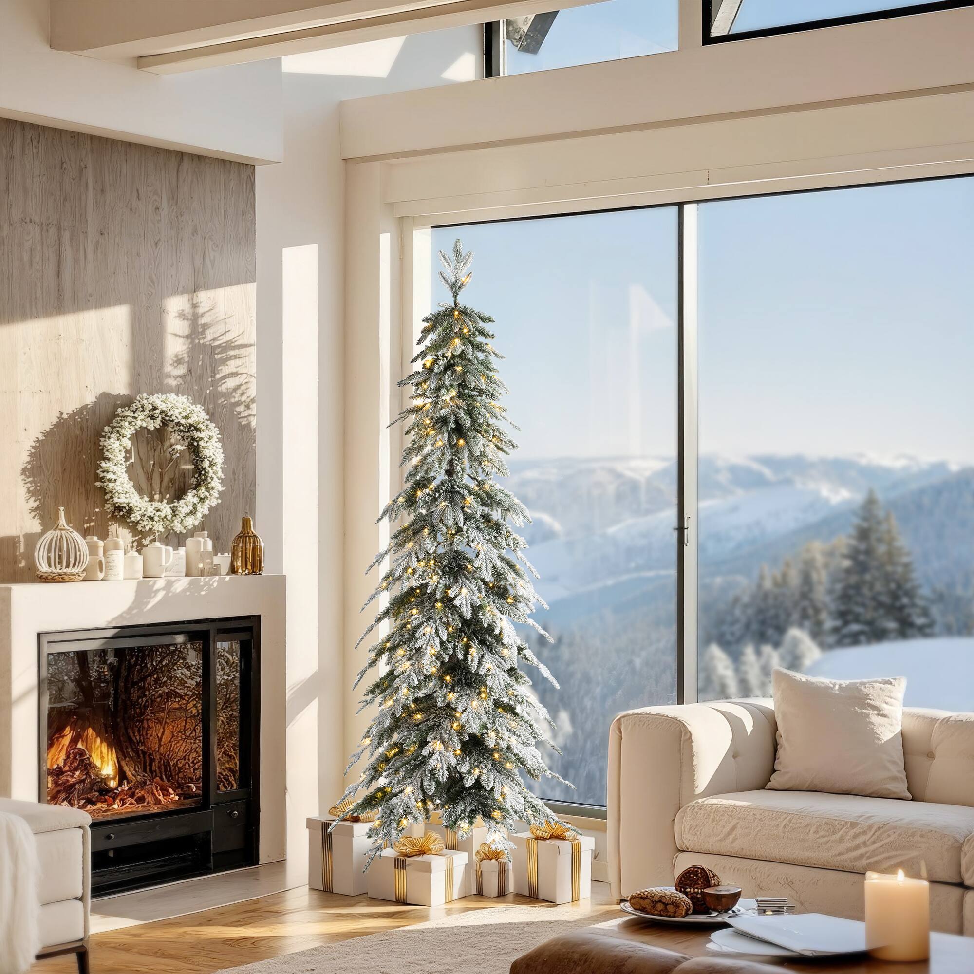 Alt View 9. Glitzhome - 7.5ft Pre-Lit Flocked Pencil Spruce Artificial Christmas Tree with 350 Warm White Lights - White.