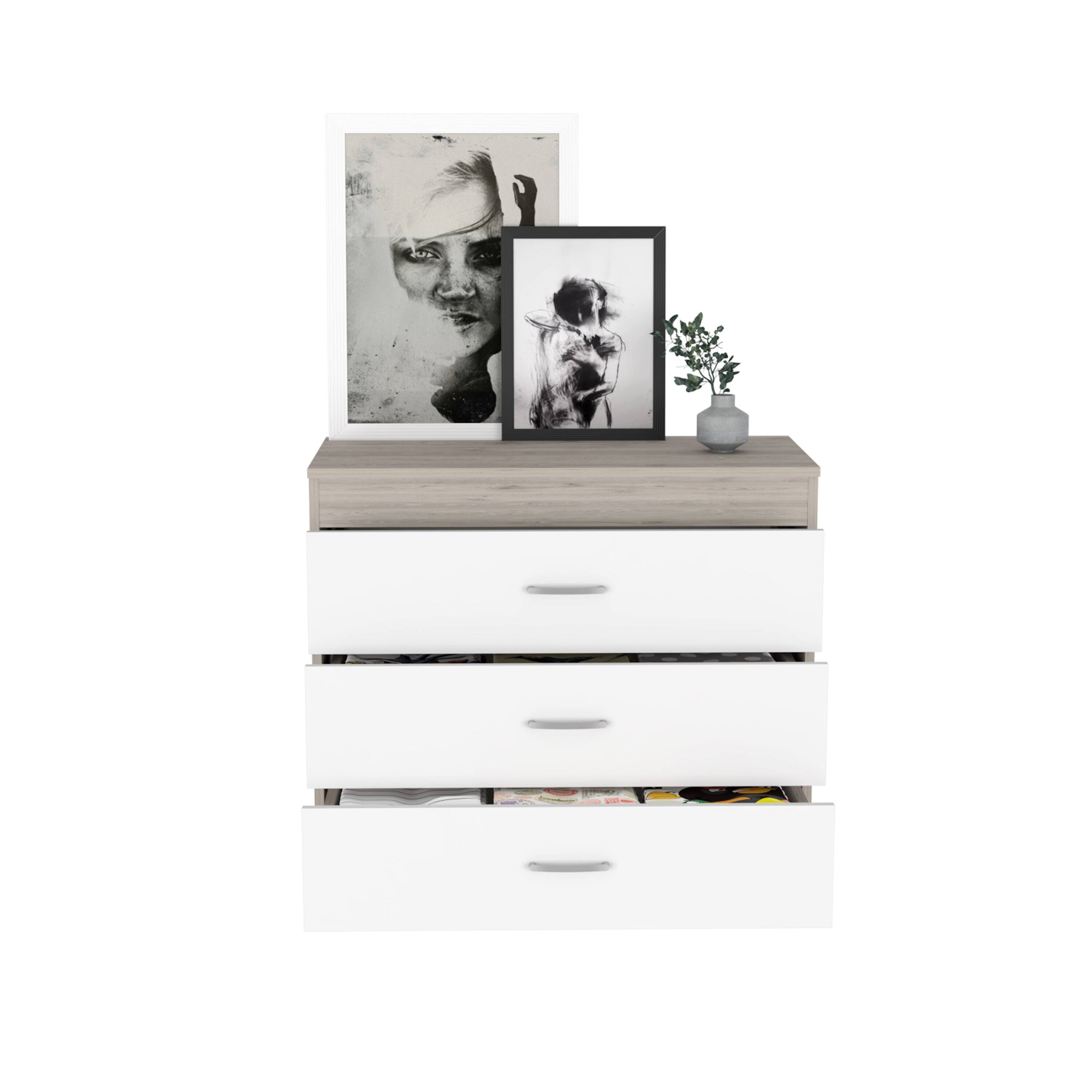 Alt View 3. TuHome - Melia Three Drawer Dresser, Superior Top, Metal Hardware - Light Gray / White.
