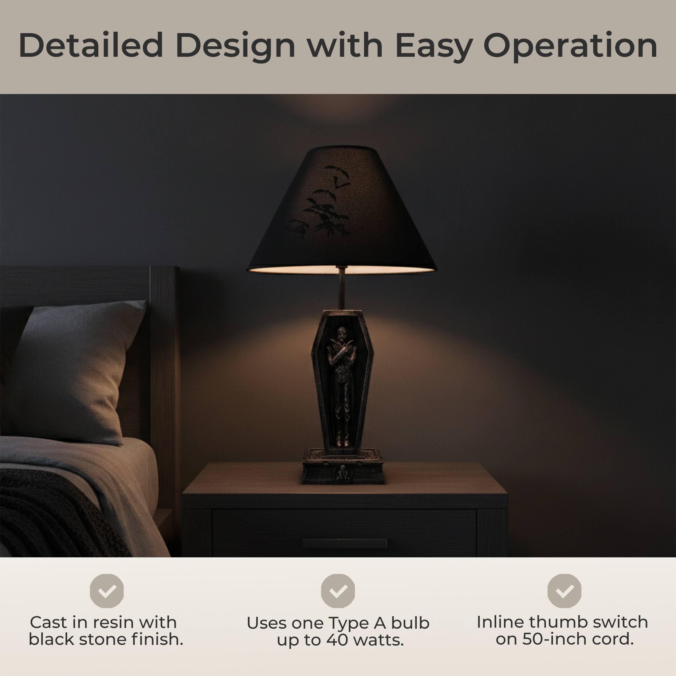 Detailed Design with Easy Operation

- Cast in resin with black stone finish.
- Uses one Type A bulb up to 40 watts.
- Inline thumb switch on 50-inch cord.