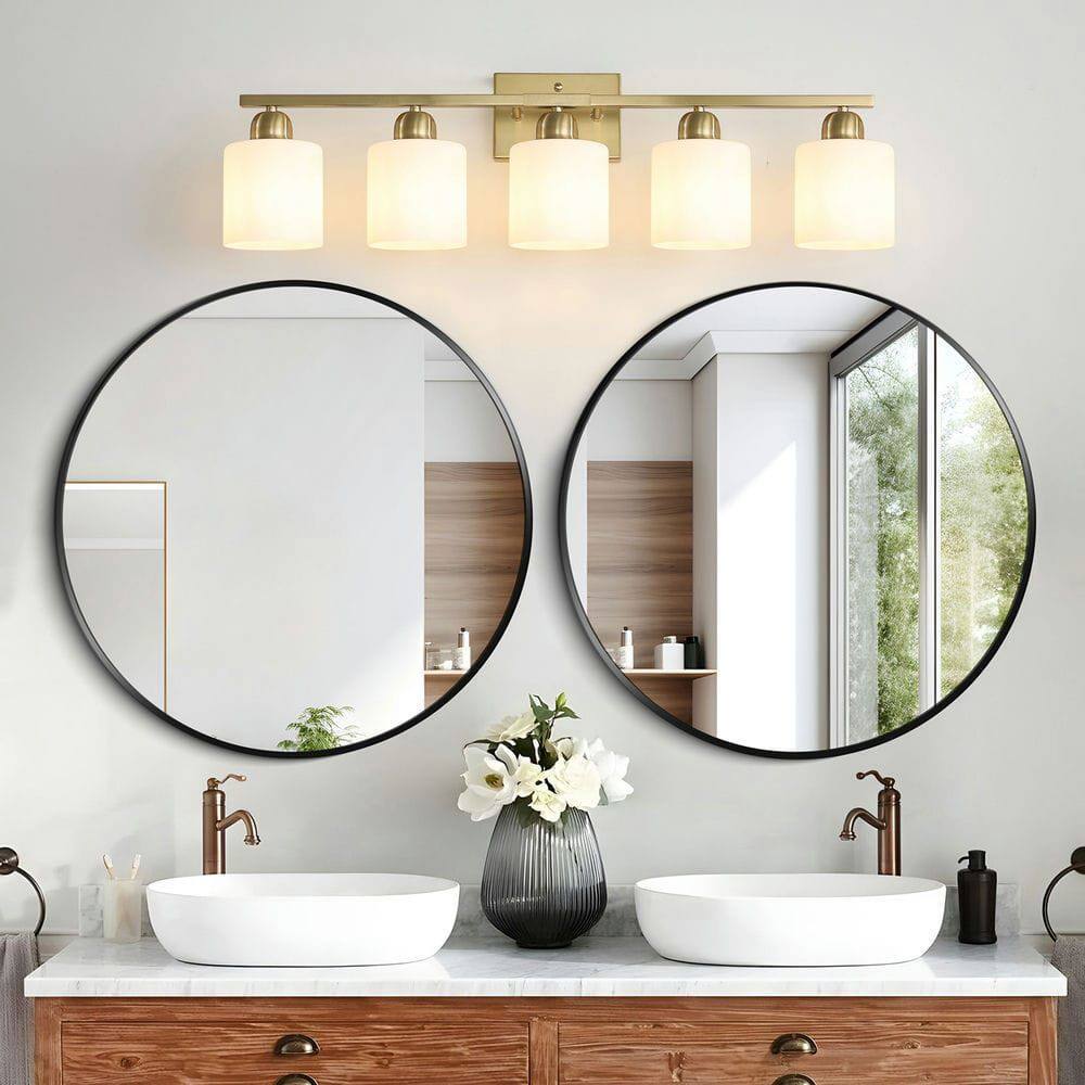 Alt View 5. Kadyn - Gold Bathroom Light Fixtures, 5-Light Modern Vanity Light, Wall Sconces with Milky White Frosted Glass Shades - Gold.