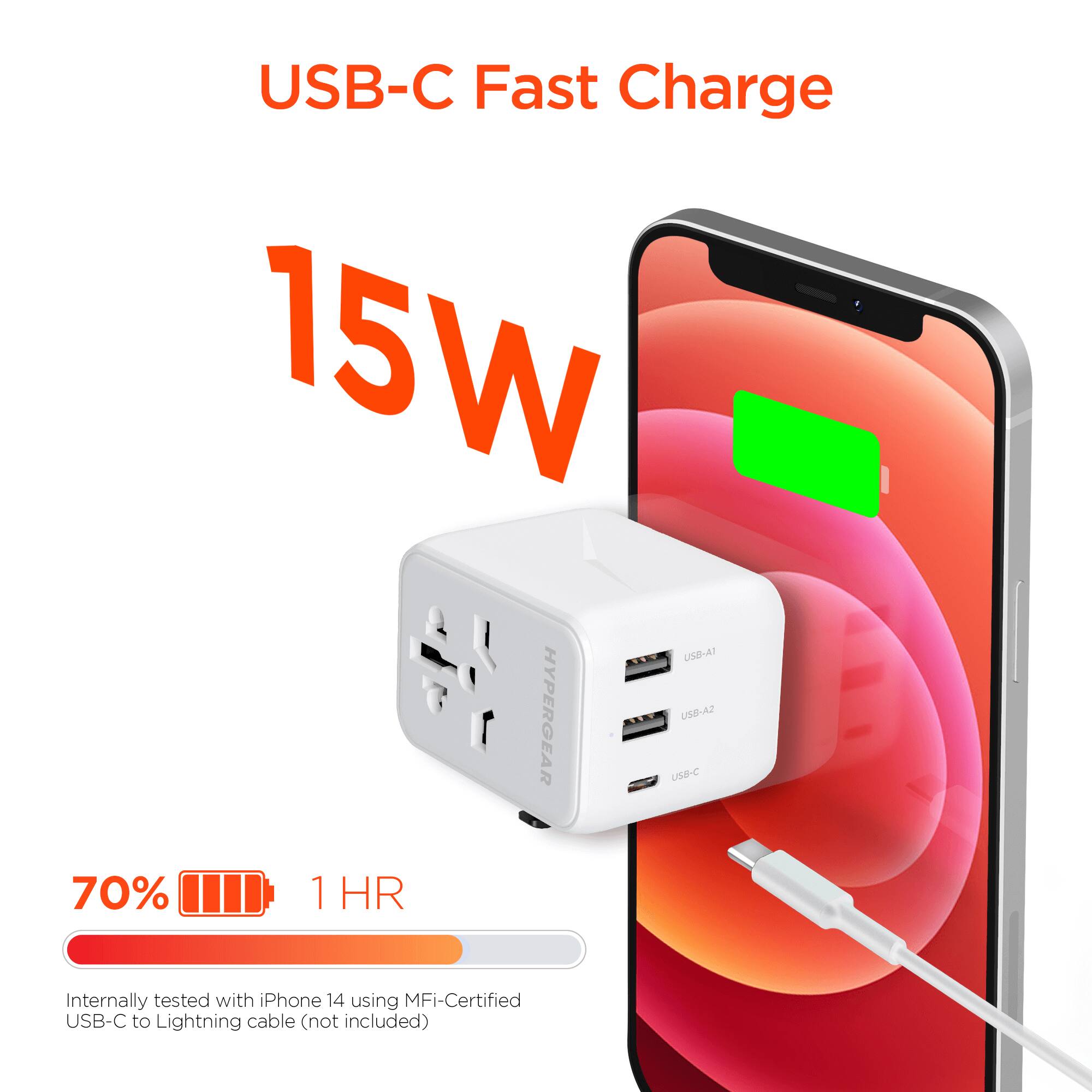 USB-C Fast Charge 15W

JA US8-A2 HYPERGEAR SA-B2U

I use-C

70% 1 HR

Internally tested with iPhone 14 using MFi-Certified USB-C to Lightning cable (not included)