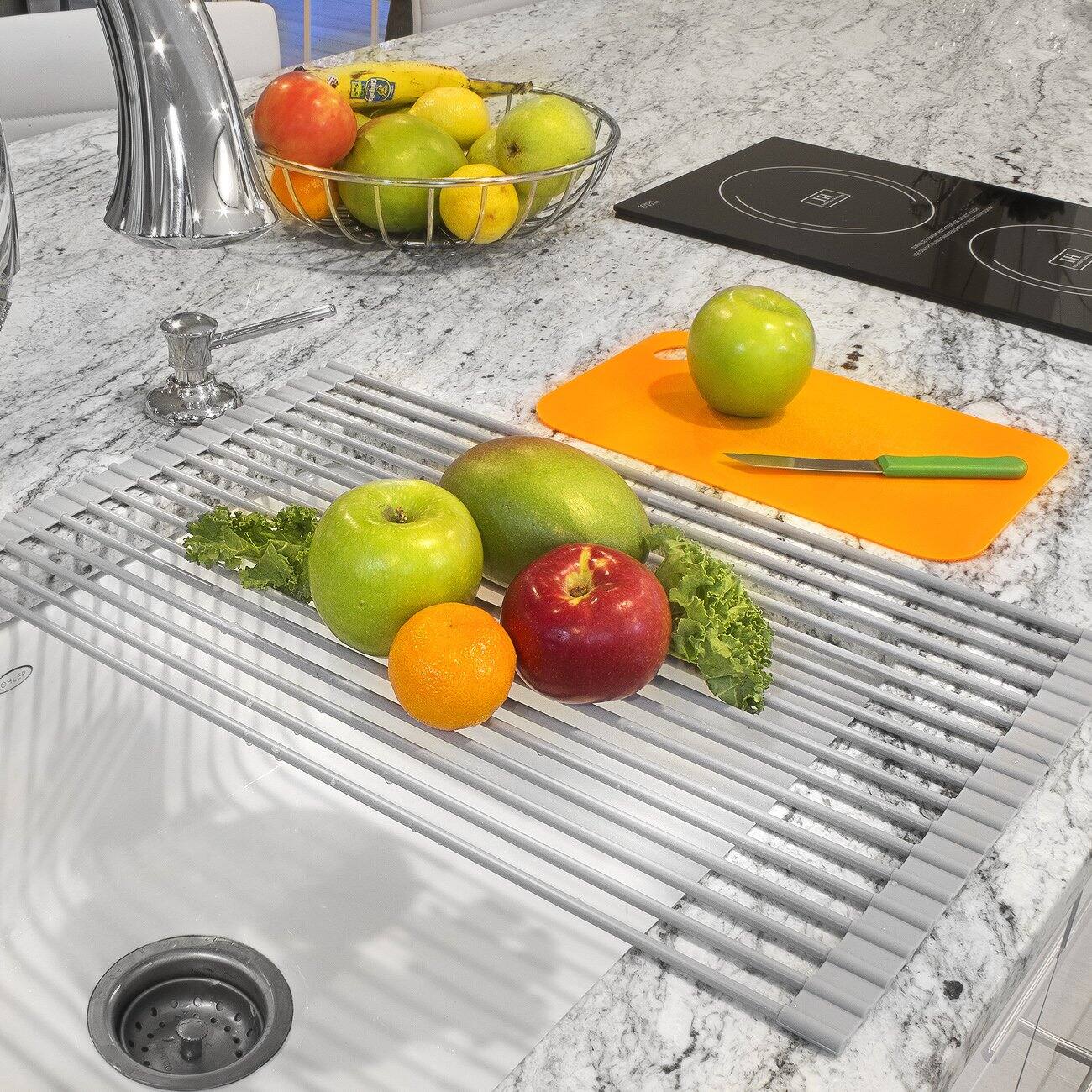 Angle. Sorbus - Sorbus Roll-Up Dish Drying Rack, Over the Sink Dish Drainer, Multipurpose Drying Rack for Dishes, Fruits - Silver.