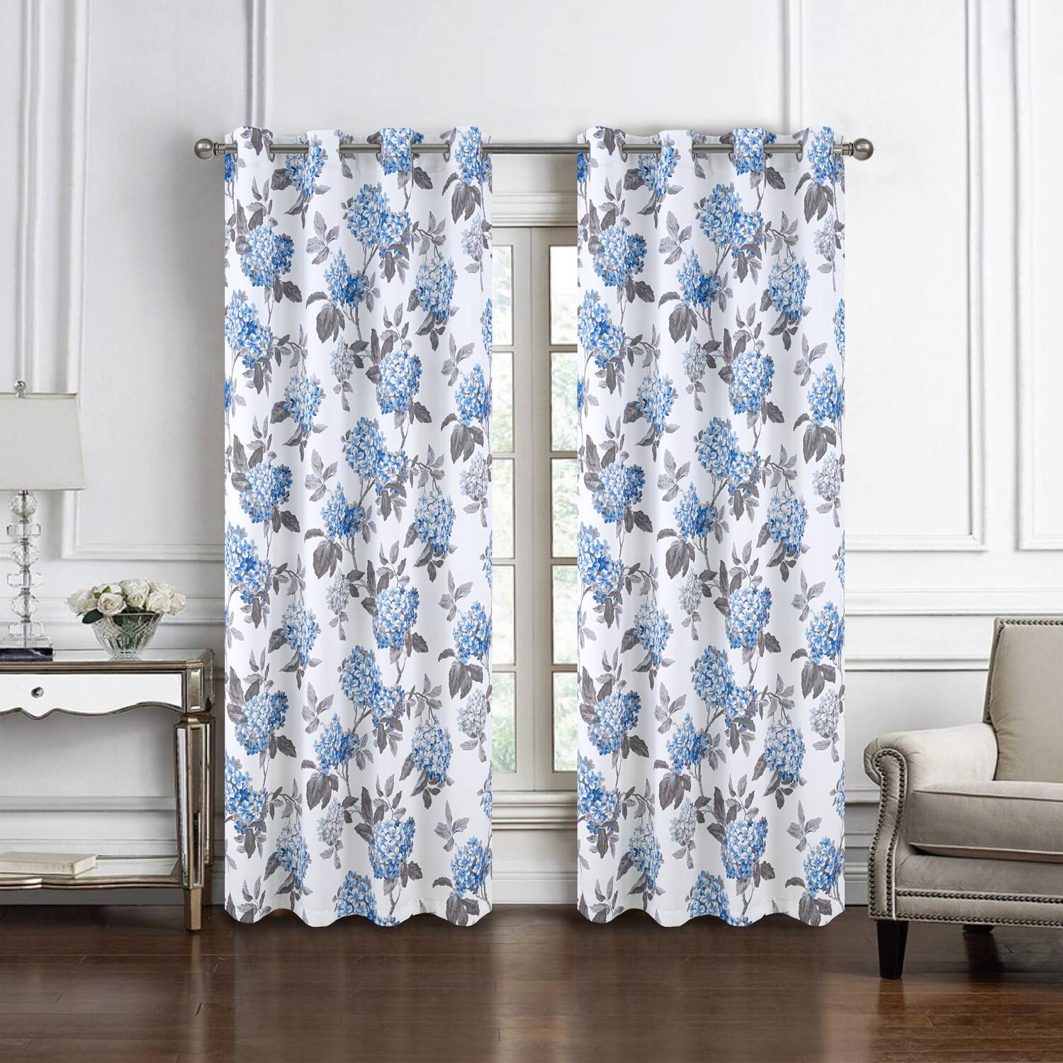 Angle. Olivia Gray - Olivia Gray 100% Polyester 200 GSM Hydrangea Printed Blackout Grommet Curtain Panel 54" x 84" Blue - Blue.