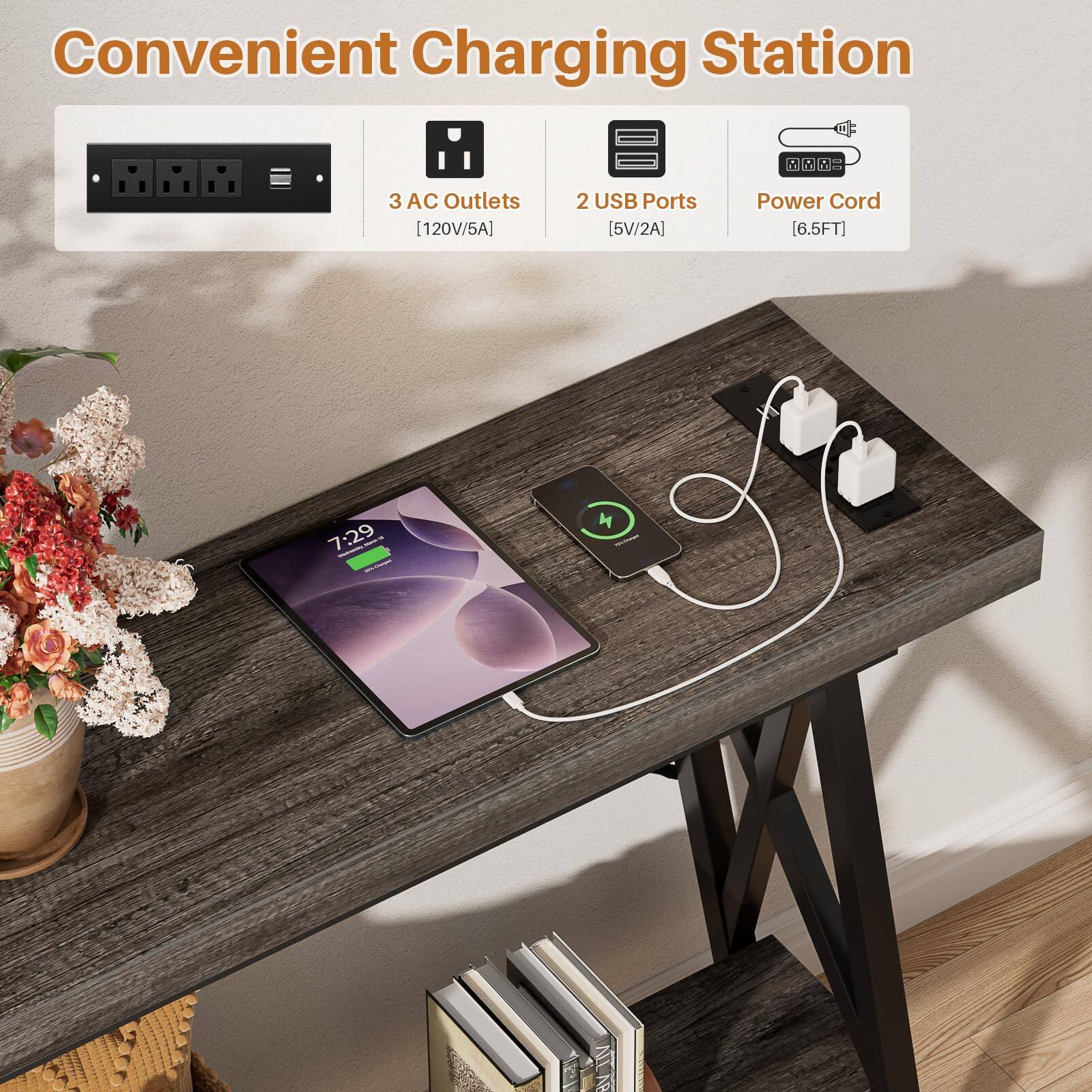 Convenient Charging Station

3 AC Outlets [120V/5A]
2 USB Ports [5V/2A]
Power Cord [6.5FT]