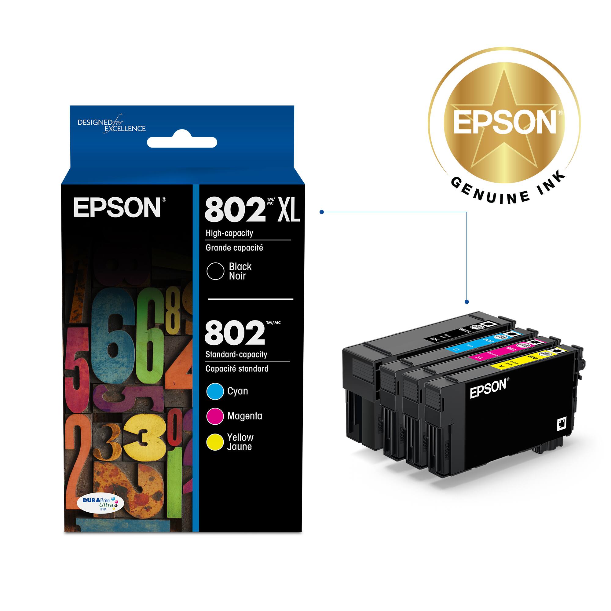 Designed for Epson TA - EPSON 802 XL High-capacity Grande capocit Black Noir 8 802 imUML 5 66 b . Capacit Standard-capacity standard Cyan Magenta 3 3 O Yellow Jaune 2 I DURA-iM Ultra 1 GENUINE INK / - EPSON.