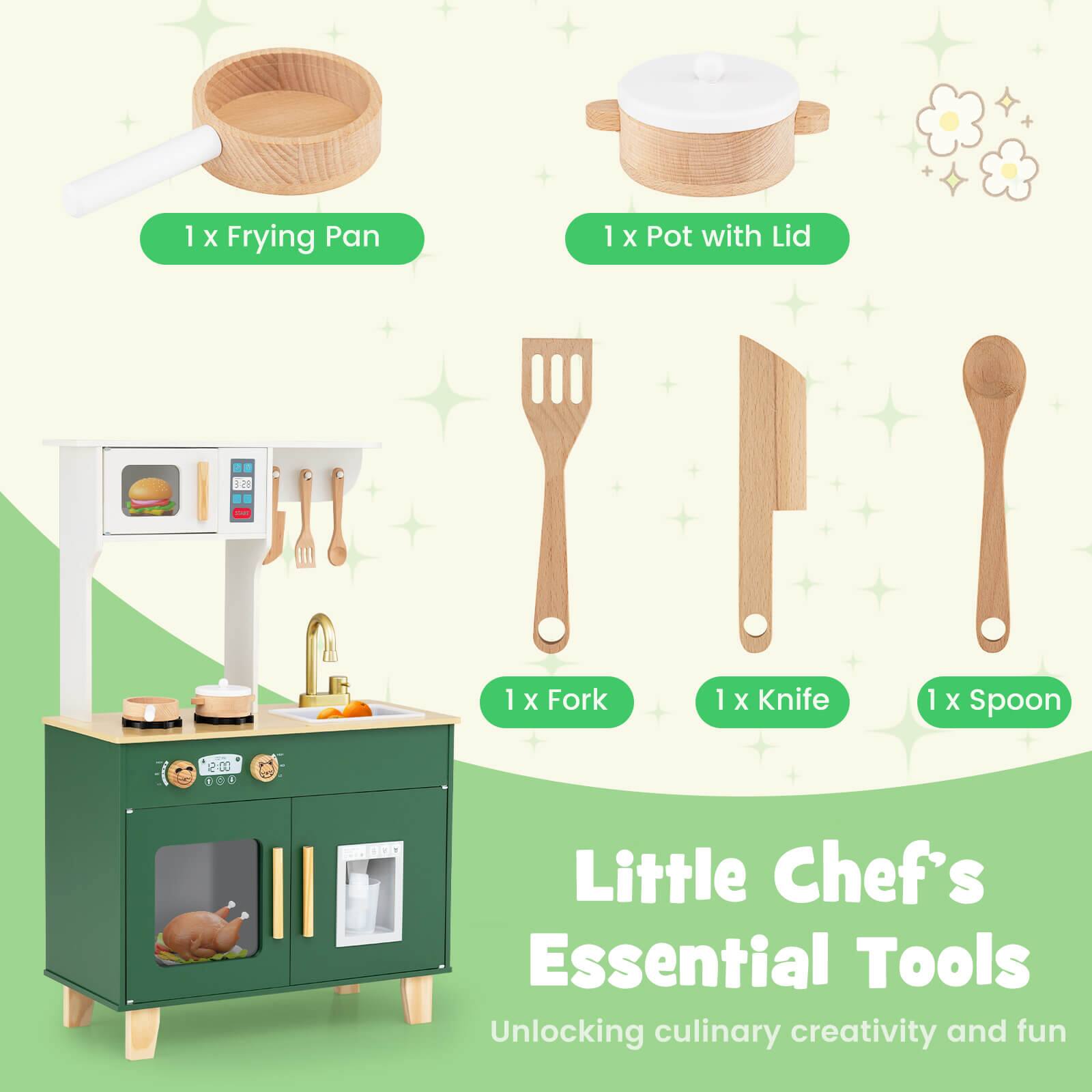 1 x Frying Pan  
1 x Pot with Lid  
1 x Fork  
1 x Knife  
1 x Spoon  

Little Chef's Essential Tools  
Unlocking culinary creativity and fun