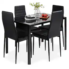 Best Choice Products - 5-Piece Kitchen Dining Table Set w/ Glass Tabletop, 4 Faux Leather Chairs - Black