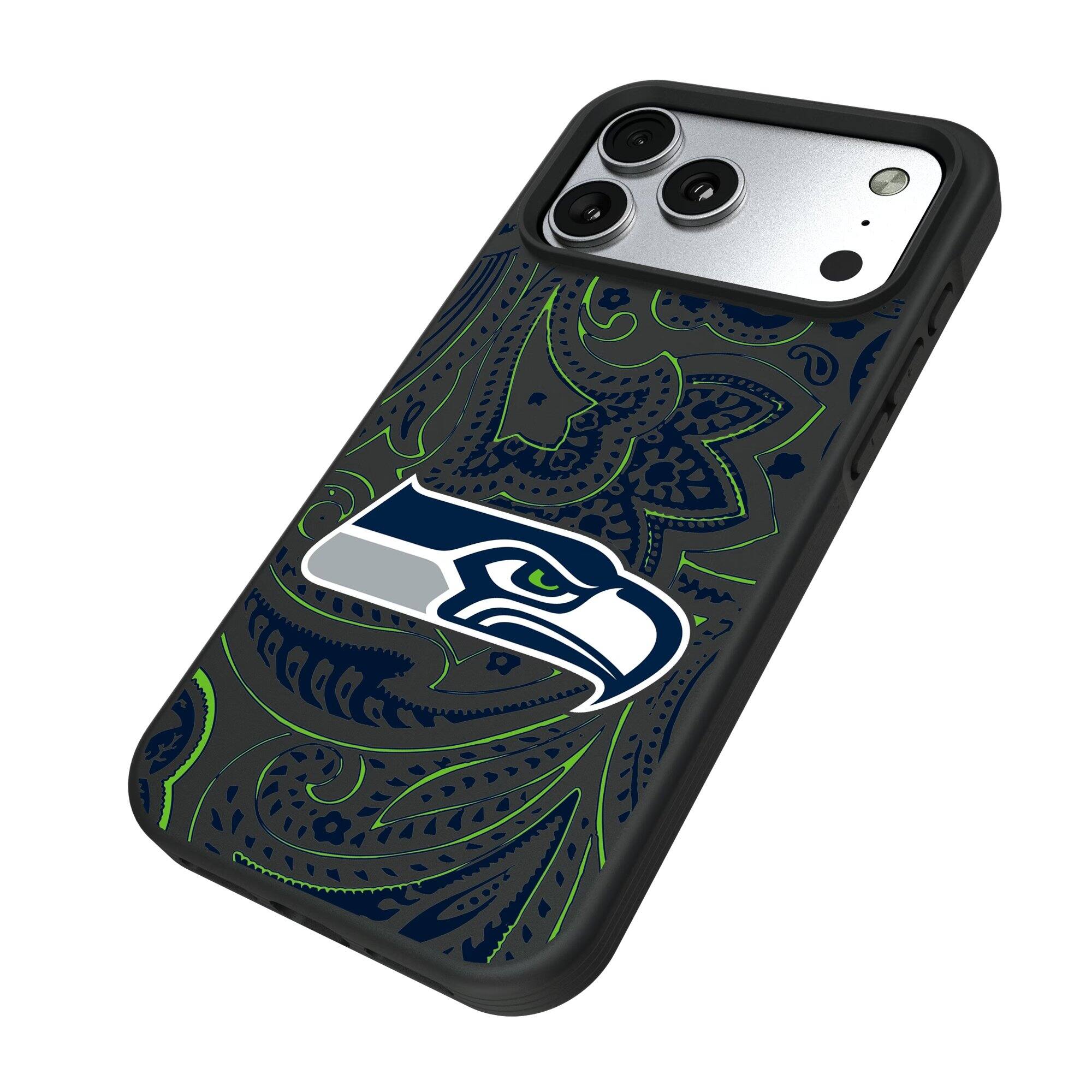 Alt View 1. Keyscaper - Seattle Seahawks iPhone Paisley Design Bump Case - 14 Pro Max - Multicolor.