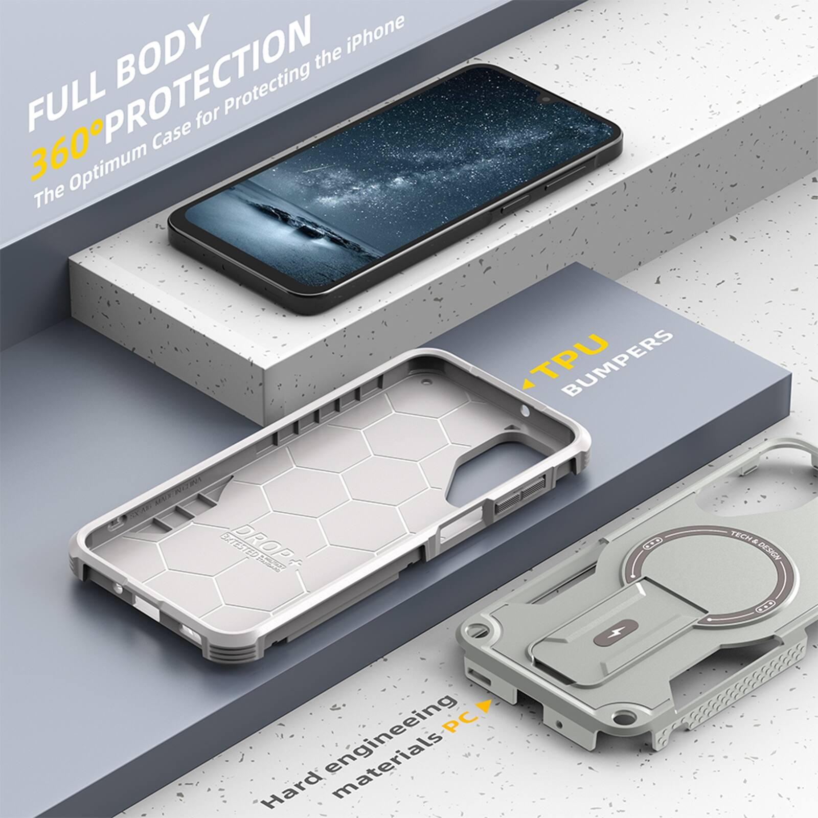 FULL BODY 360° PROTECTION  
The Optimum Case for Protecting the iPhone

TPU BUMPERS

Hard engineering materials PC

TECH DESIGN 3D
