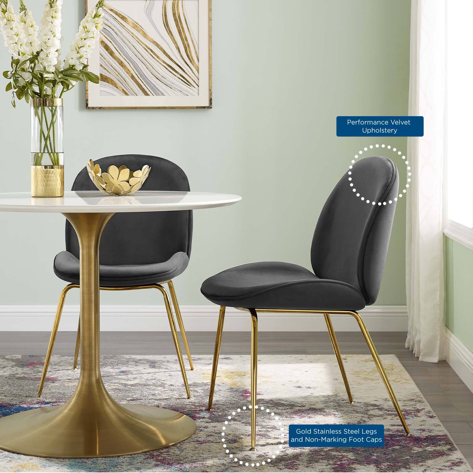 Performance Velvet Upholstery  
Gold Stainless Steel Legs and Non-Marking Foot Caps