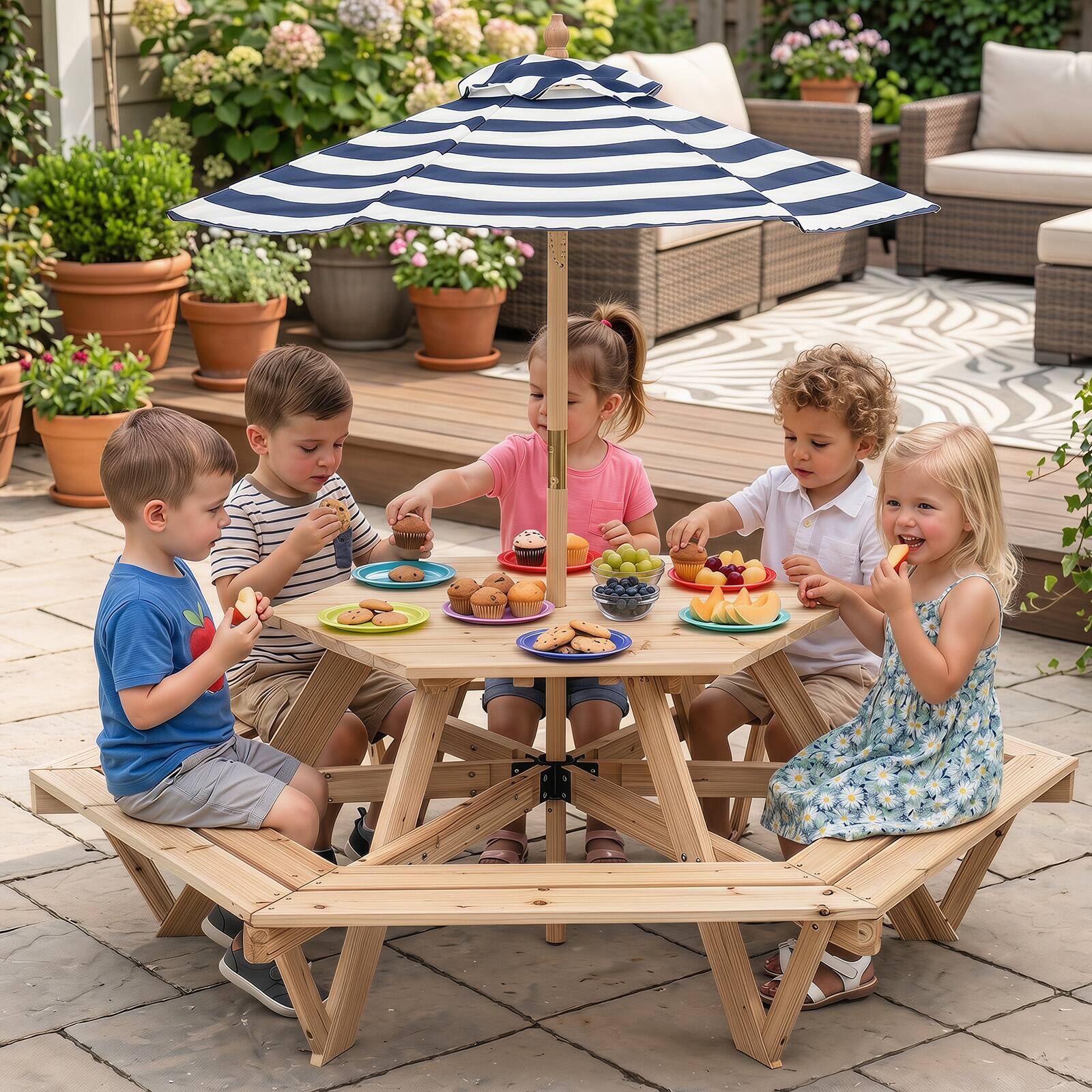 Alt View 3. Costway - Costway Kids Hexagonal Picnic Table with Removable Adjustable Umbrella for Deck Patio - Natural.