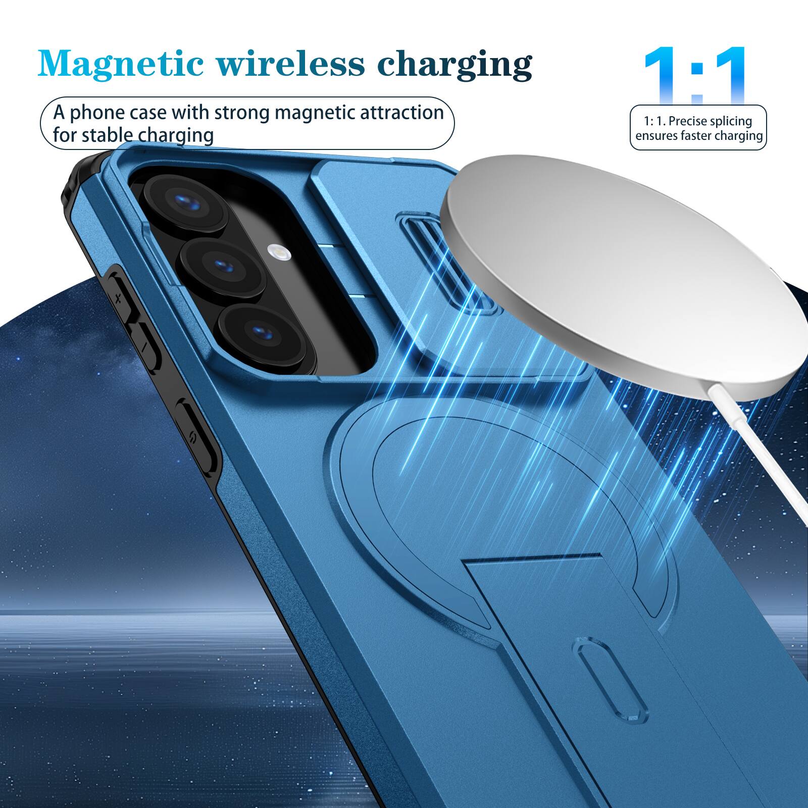 Magnetic wireless charging

A phone case with strong magnetic attraction for stable charging

1:1

1:1. Precise splicing ensures faster charging