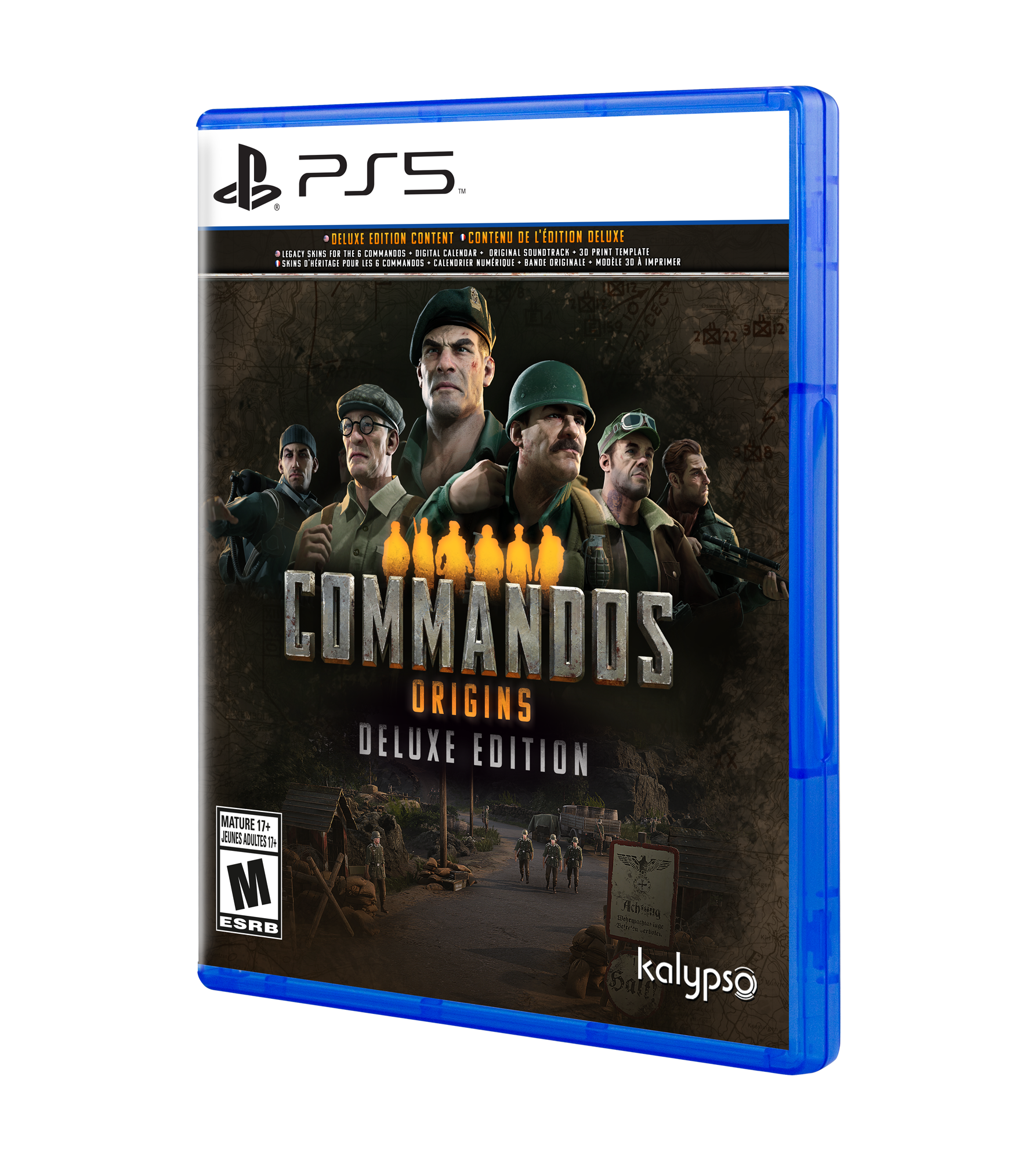 PS5 1 DELUXE EDITION CONTENT CONTENU DE L'ÉDITION DELUXE  
1 LEGACY SKINS FOR THE COMMANDOS DIGITAL CALENDAR ORIGINAL SOUNDTRACK 30 PRINT TEMPLATE  
1 SKINS D'HERITAGE POUR LES G COMMANDOS CALENDRIER NUMÉRIQUE BANDE ORIGINALE MODÈLE 20 À IMPRIMER  
COMMANDOS ORIGINS DELUXE EDITION MATURE 17+ JEUNES AQUILTES 10 M  
Achnissa ESRB Segra Terporger-lege  
kalypso