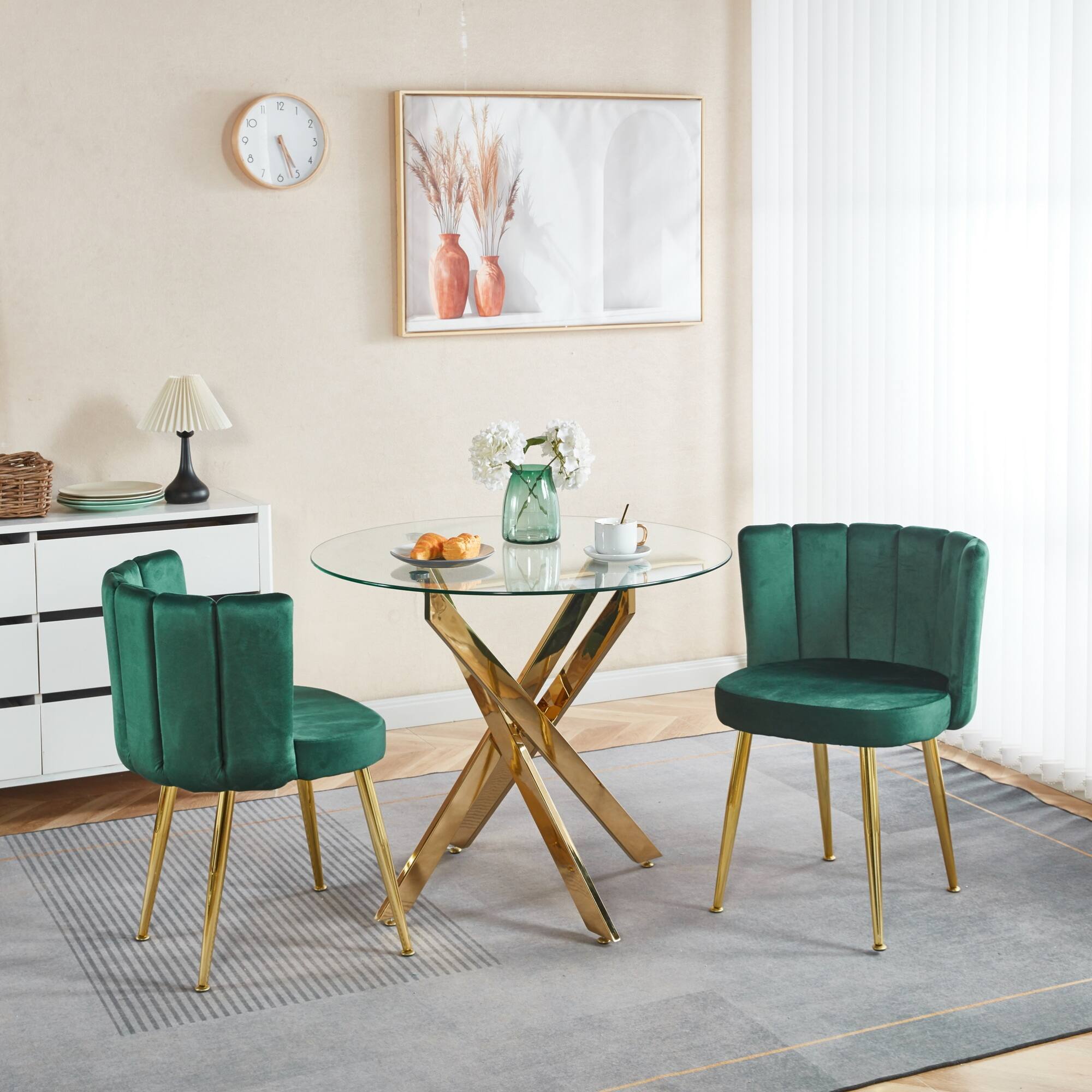 Back. GOODSILO - Elegant Velvet Dining Chairs Set of 2 with Golden Iron Legs for Modern Living Spaces - Green.