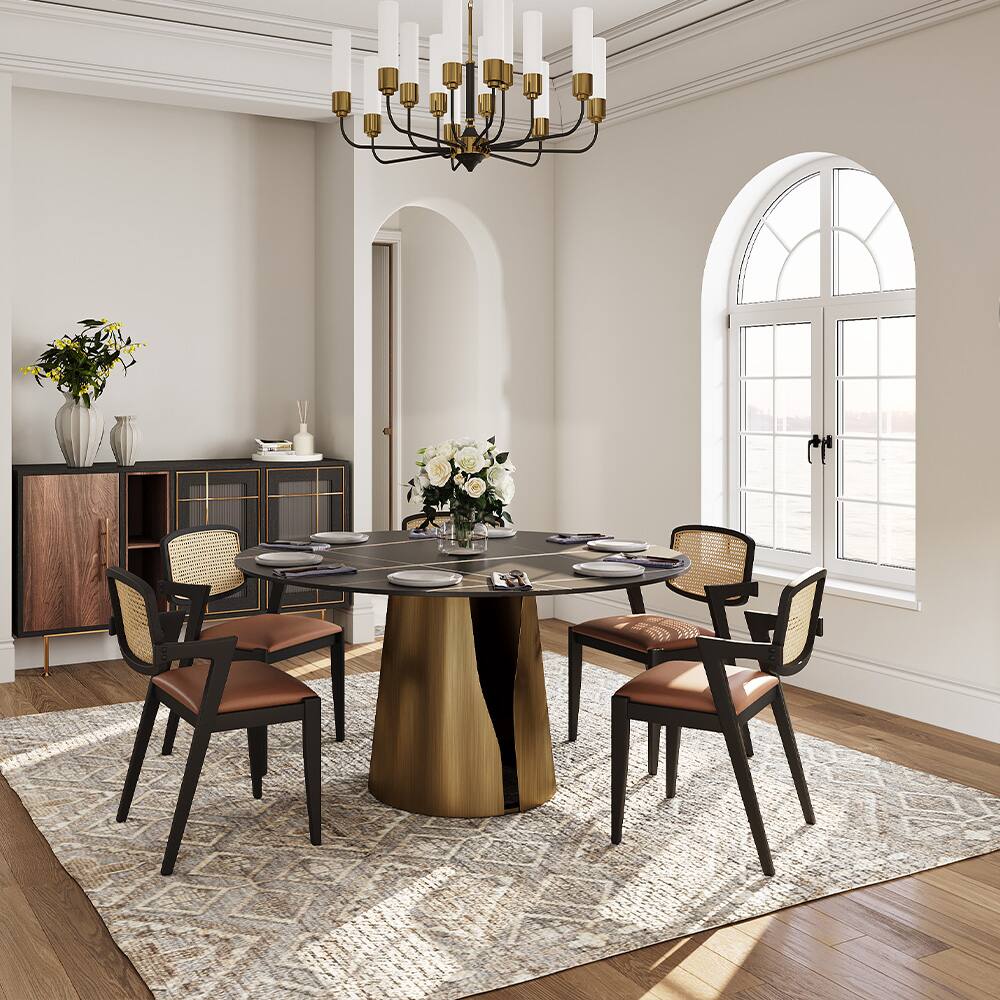Left. POVISON - 59" Modern Luxury Black Round Dining Table for 6, Matte Sintered Stone Tabletop, Bronze Carbon Steel Base - Black & Bronze.