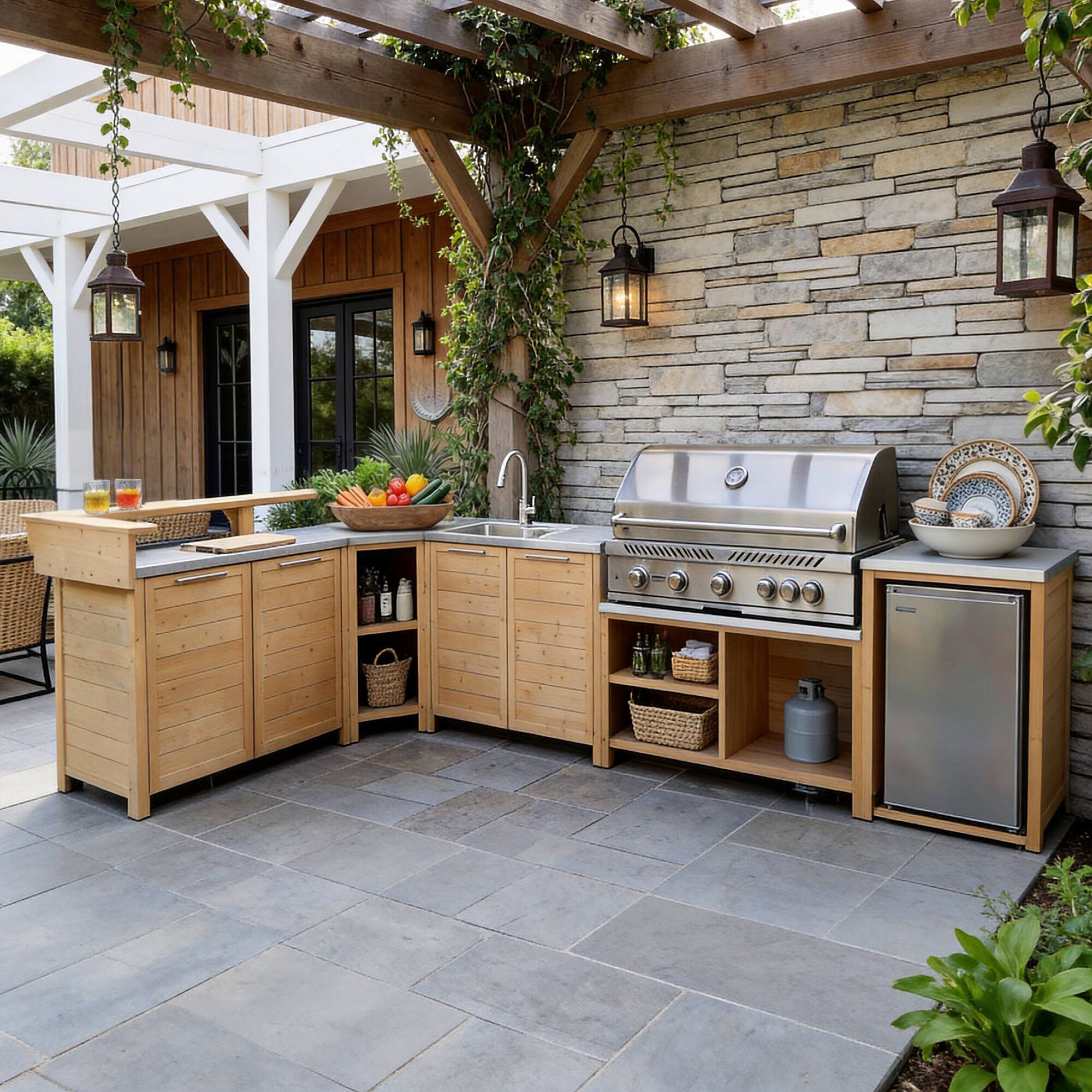 Angle. Famapy - Modular Solid Cedar Outdoor Kitchen Cabinets - All-Weather Storage with Stainless Steel Top for Patio, Grill Station - Wooden.