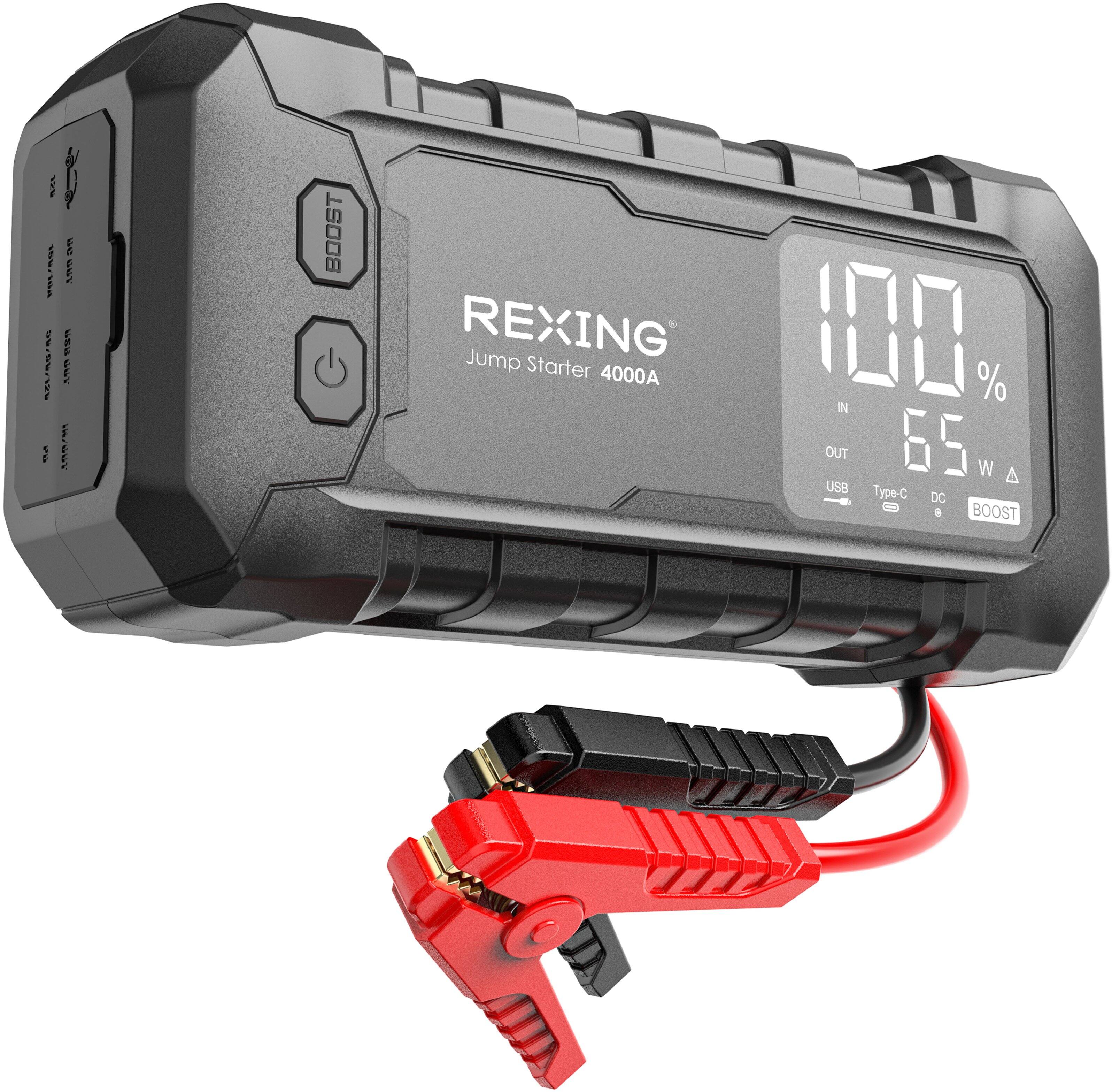 12V 90 150/104 780 RSA 56/56/121 our 12g Via INFOUT

BOOST
REXING Jump Starter 4000A
100 % IN OUT 22 w USB Type-C DC BOOST