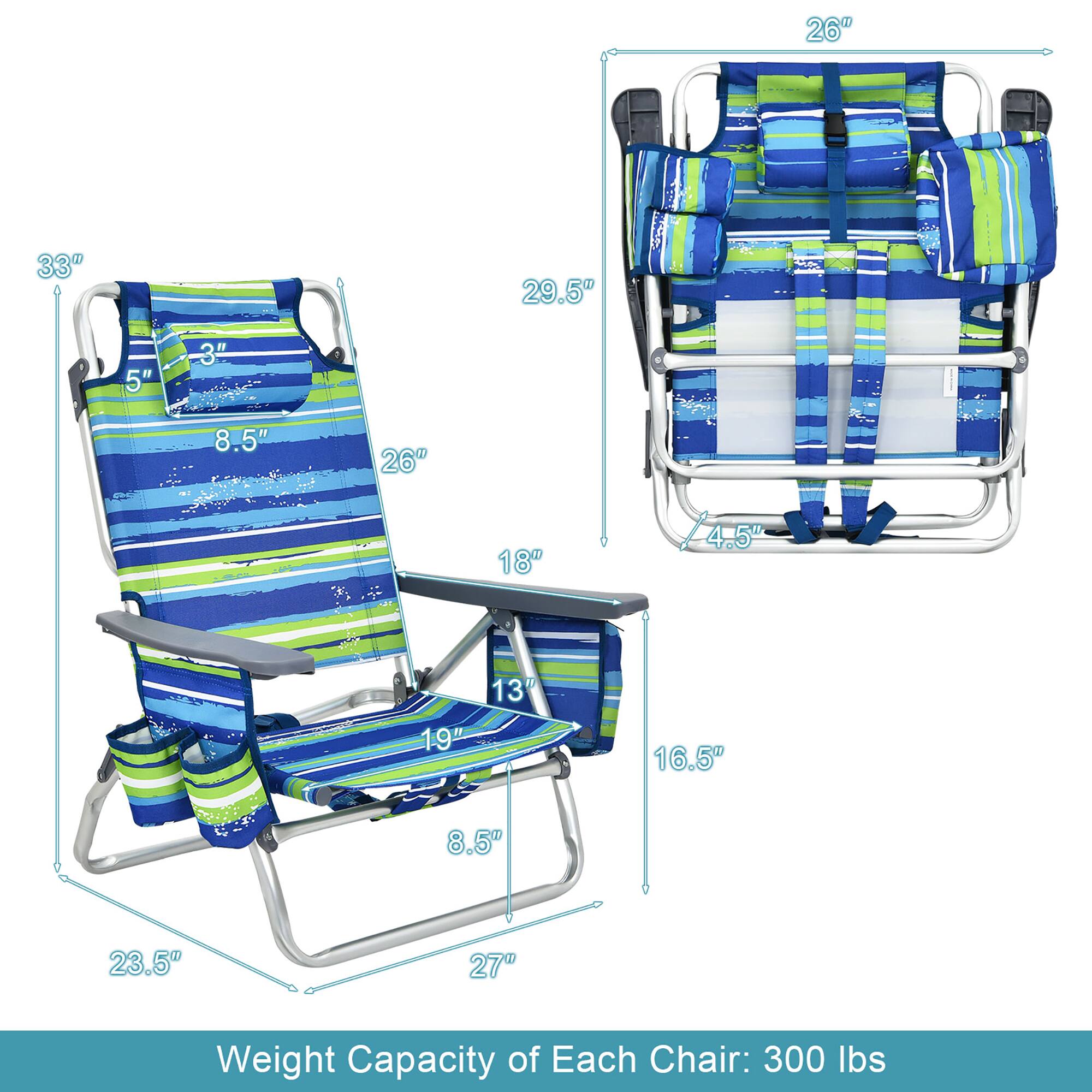 Sure, here is the corrected and grouped text from the image:

- **Dimensions of the Chair:**
  - Height: 33"
  - Width: 26"
  - Depth: 18"
  - Seat Height: 16.5"
  - Seat Width: 23.5"
  - Seat Depth: 19"
  - Armrest Height: 8.5"
  - Backrest Height: 29.5"
  - Backrest Width: 26"
  - Backrest Depth: 5"
  - Cup Holder Height: 3"
  - Cup Holder Width: 8.5"
  - Cup Holder Depth: 4.5"

- **Weight Capacity of Each Chair:** 300 lbs
