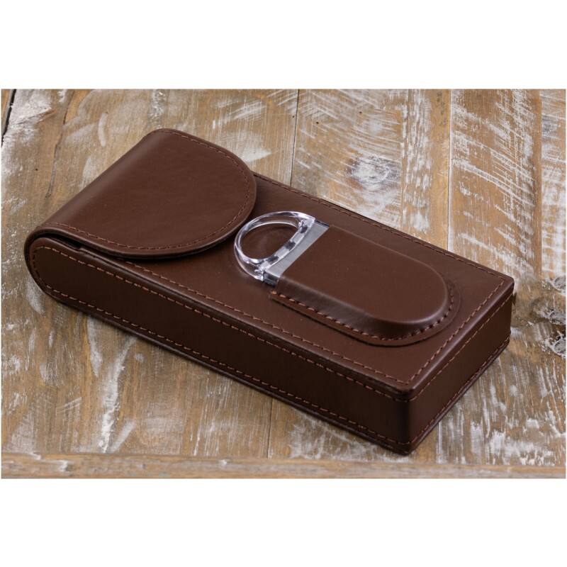 Angle. Prestige - 3 Cigar Leather Case with Cutter (Brown) - Brown Leather Finish.