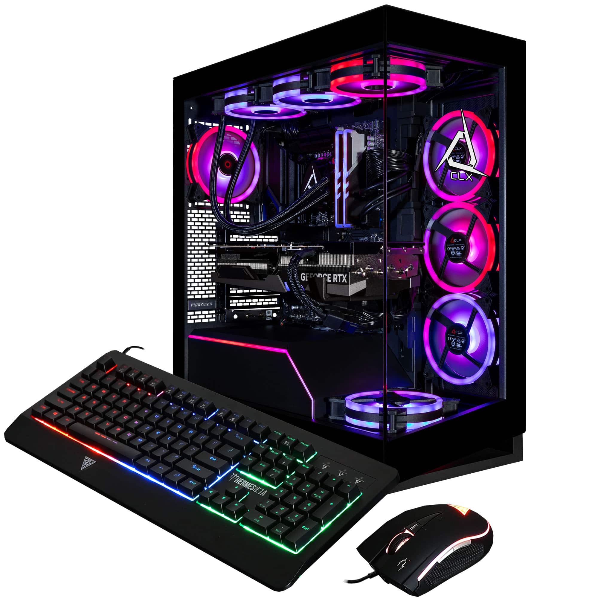 The image features a black computer case with a keyboard and mouse placed in front of it. The case is equipped with a GeForce RTX 2080 Ti graphics card, which is a powerful gaming card. The case also has a purple light inside, adding a unique touch to the setup. The keyboard and mouse are positioned close to the case, making it a complete computer setup.