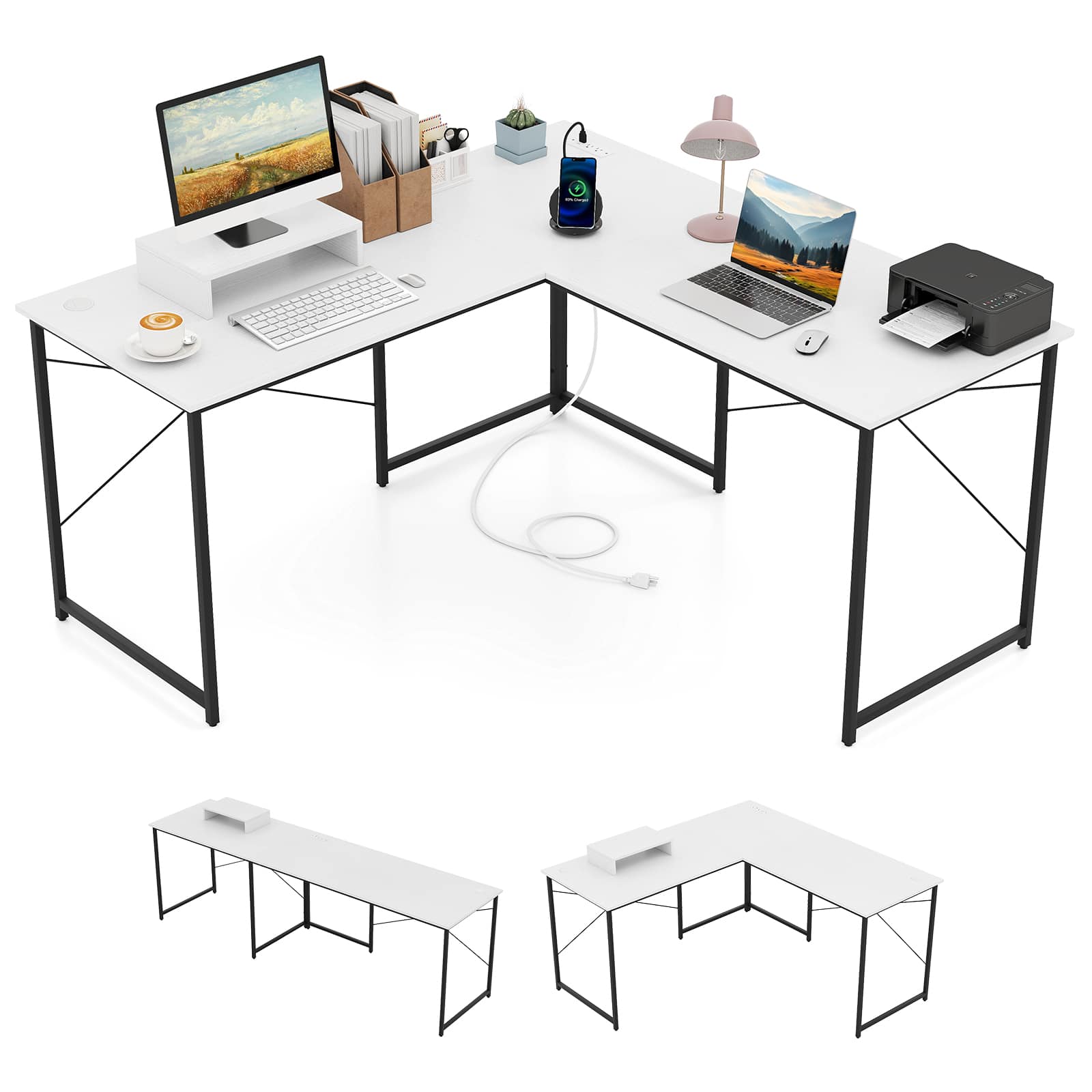 Front. Gymax - Gymax 95'' L-Shaped Reversible Computer Desk 2-Person Long Table Monitor Stand White - White, Black.
