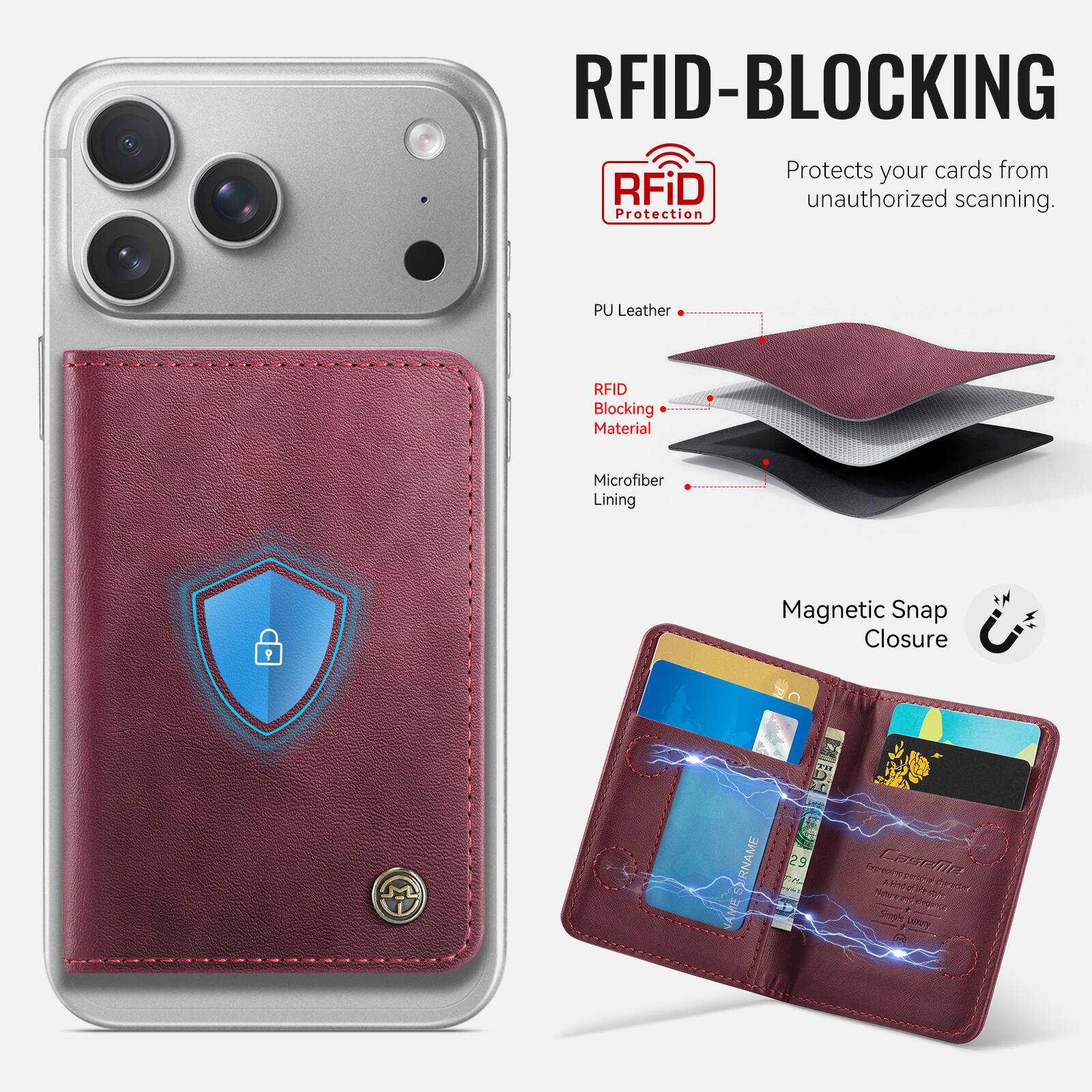 RFID-BLOCKING  
Protects your cards from RFID unauthorized scanning.  
Protection PU Leather RFID Blocking Material Microfiber Lining Y Magnetic Snap Closure