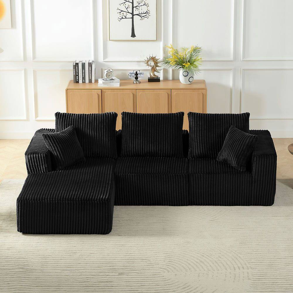 Alt View 2. Kadyn - 4-Seater Modular Sectional Sofa, Left Chaise Cloud Couch with Corduroy Upholstery and Deep Seating, Black - Black.
