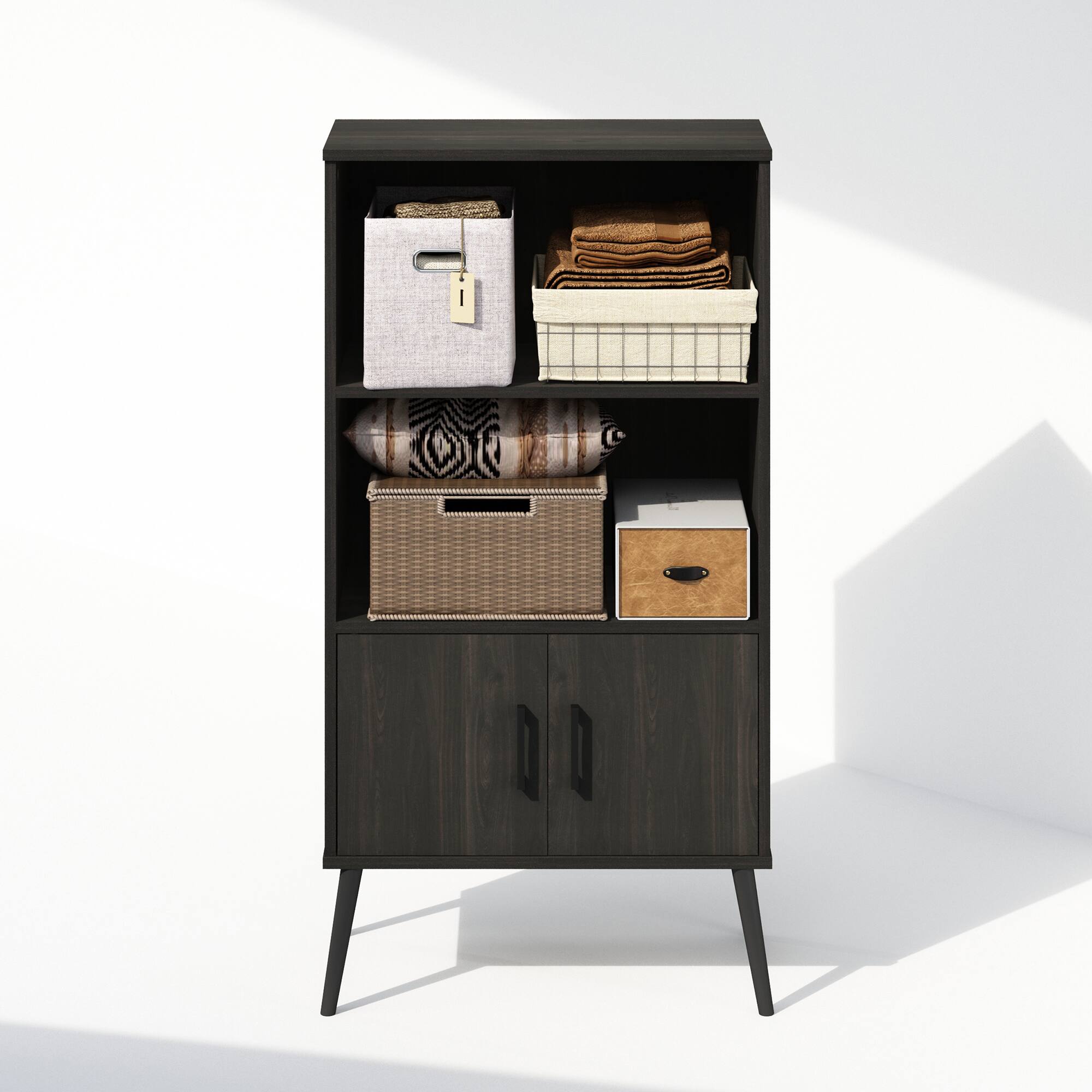 Alt View 4. Furinno - Furinno Mid-Century Open Display Shelves & Storage Cabinet with Wooden Legs, Espresso - Espresso.