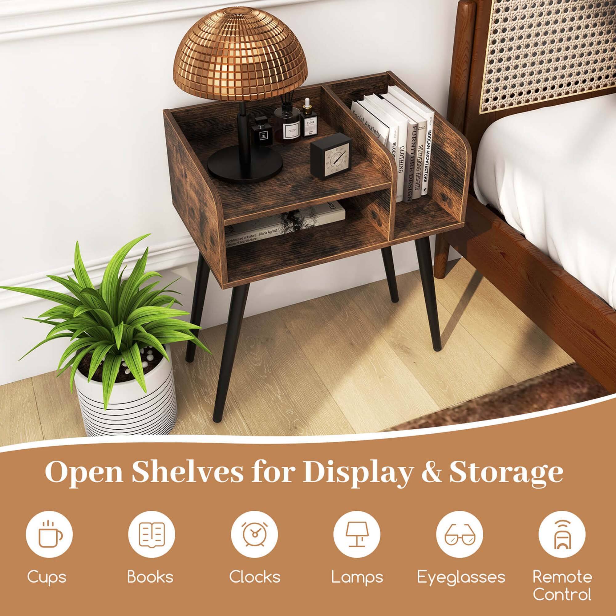 Open Shelves for Display & Storage Cups Books Clocks Lamps Eyeglasses Remote Control