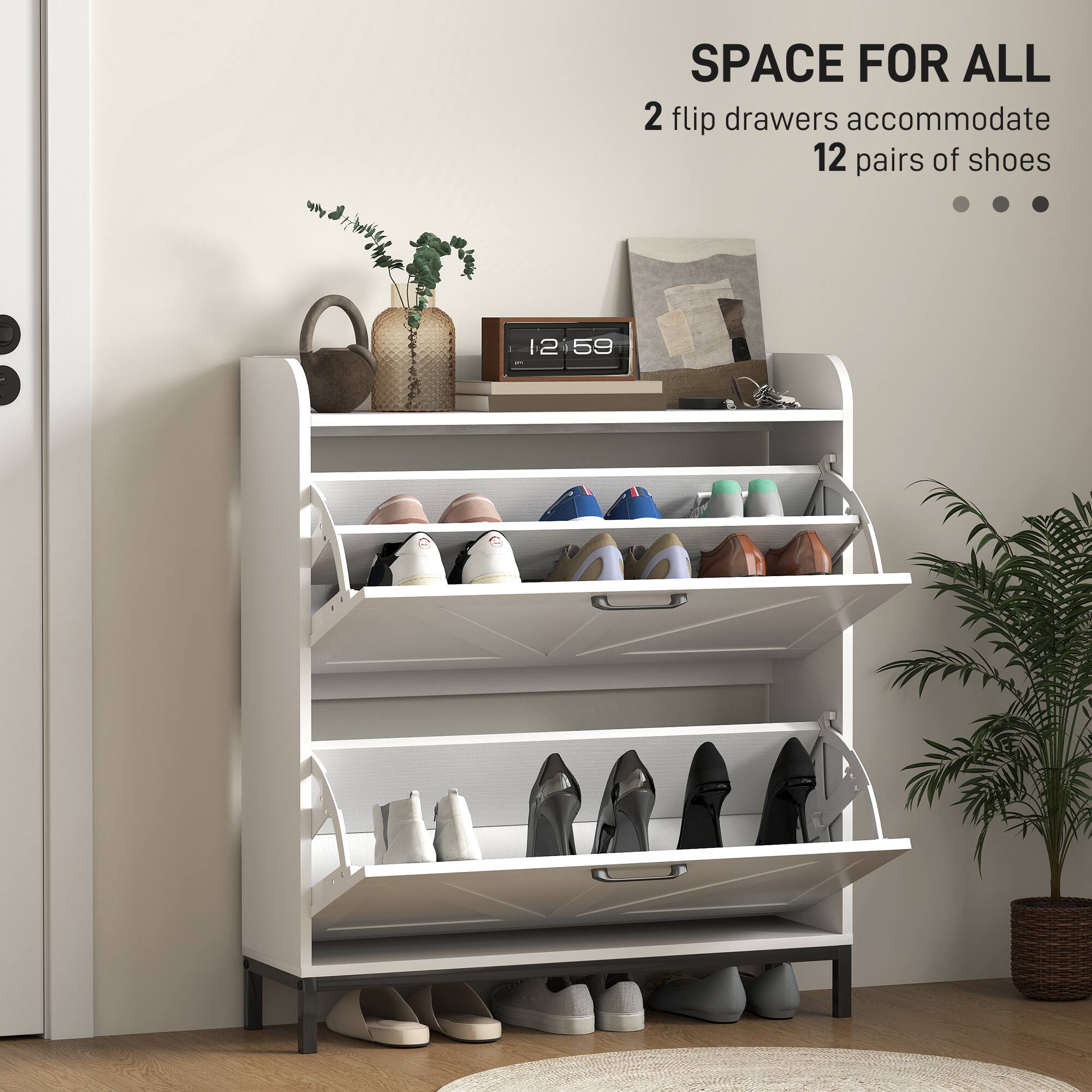 SPACE FOR ALL 2 flip drawers accommodate 12 pairs of shoes 12:59
