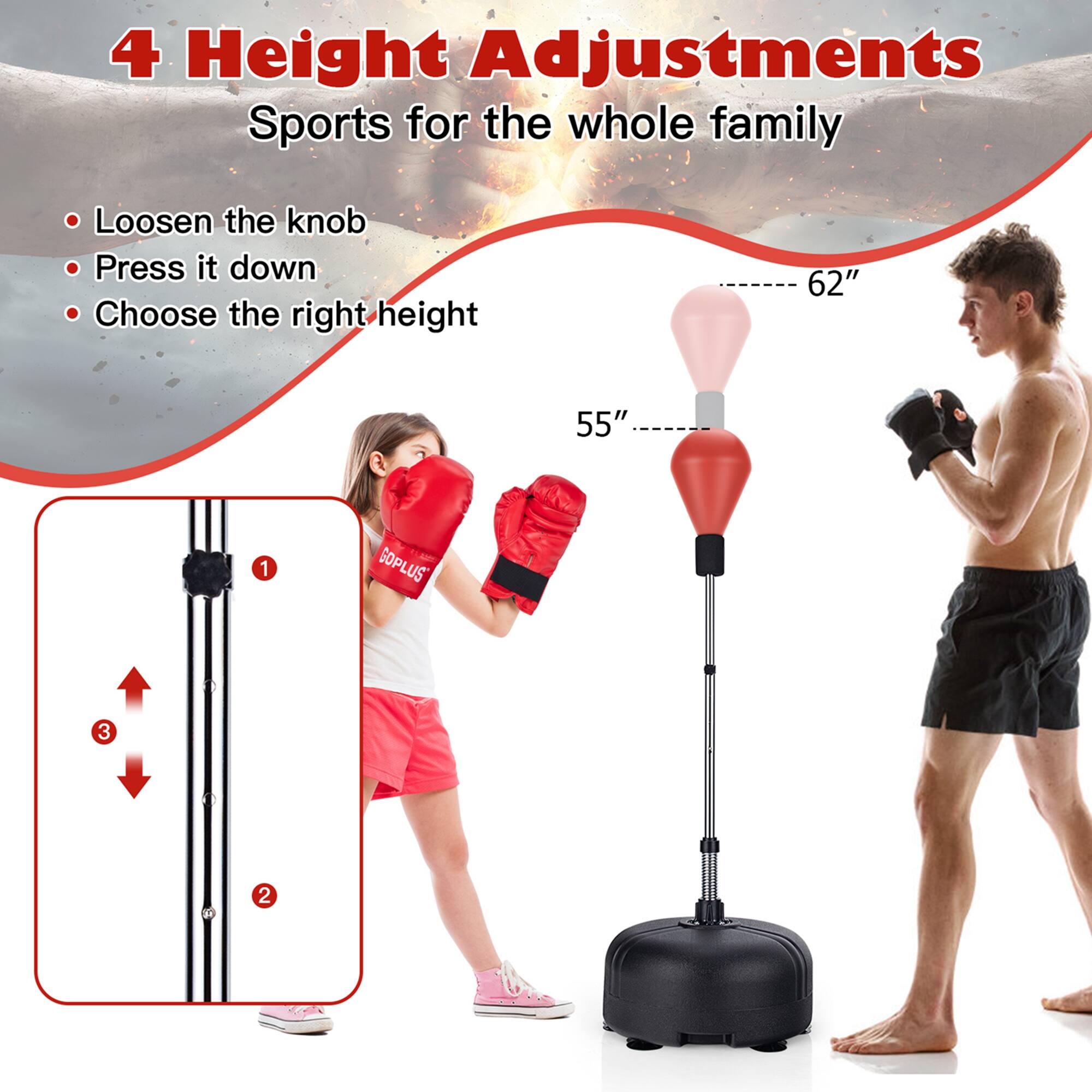 4 Height Adjustments  
Sports for the whole family

- Loosen the knob
- Press it down
- Choose the right height

62"  
55"