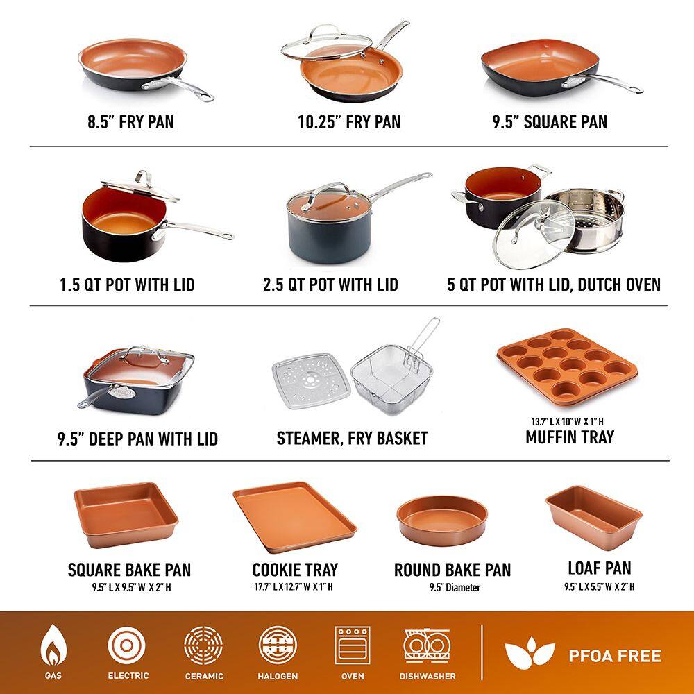 8.5" FRY PAN  
10.25" FRY PAN  
9.5" SQUARE PAN  
1.5 QT POT WITH LID  
2.5 QT POT WITH LID  
5 QT POT WITH LID, DUTCH OVEN  
9.5" DEEP PAN WITH LID  
STEAMER, FRY BASKET  
13.75" X 10" X 1.5" MUFFIN TRAY  
SQUARE BAKE PAN (9.5"L X 9.5"W X 2"H)  
COOKIE TRAY (17.7"L X 12.7"W X 1"H)  
ROUND BAKE PAN (9.5" DIAMETER)  
LOAF PAN (9.5"L X 5.5"W X 2.5"H)  

GAS, ELECTRIC, CERAMIC, HALOGEN, OVEN, DISHWASHER  
PFOA FREE