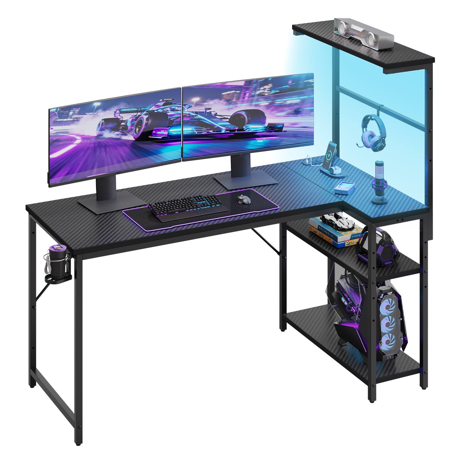 Alt View 2. RSPGAME - 51.7 in. L-Shaped Gaming Desk with Power Outlets, Carbon Fiber Computer Desk with Storage Shelves - Black.