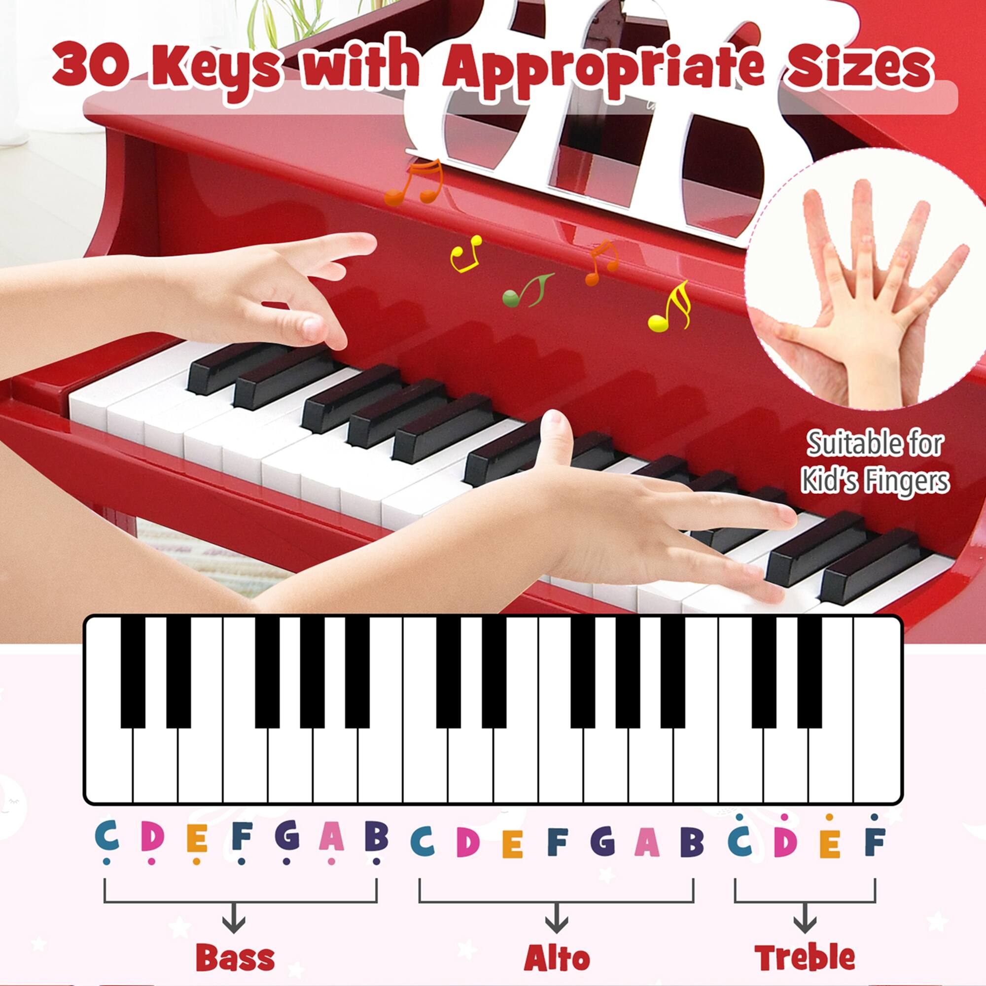 30 Keys with Appropriate Sizes Suitable for Kids' Fingers: C CDEFGABCDEFGABCDEF D E F G C F A C Bass Alto Treble