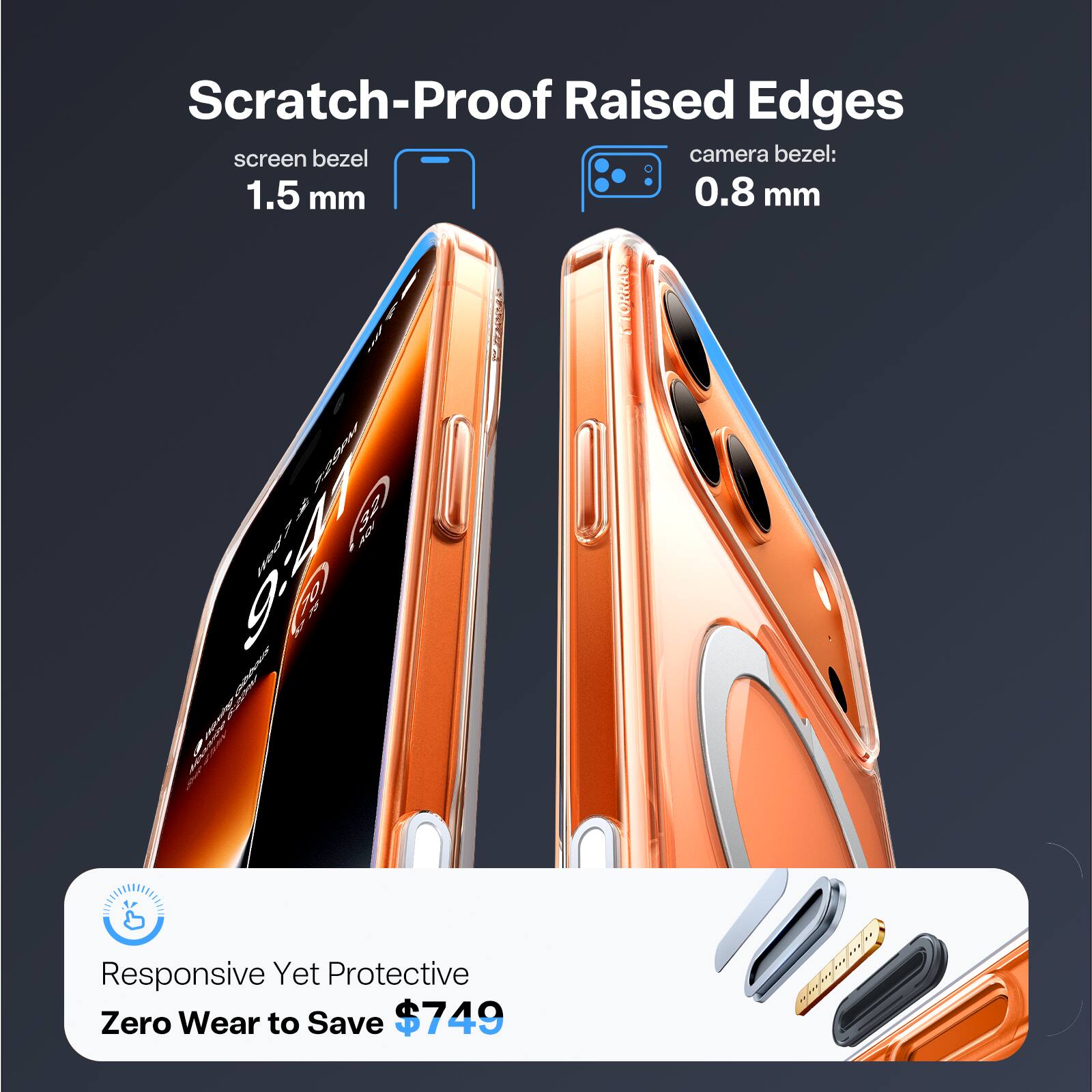 Scratch-Proof Raised Edges  
screen bezel: 1.5 mm  
camera bezel: 0.8 mm  

Responsive Yet Protective  
Zero Wear to Save $749