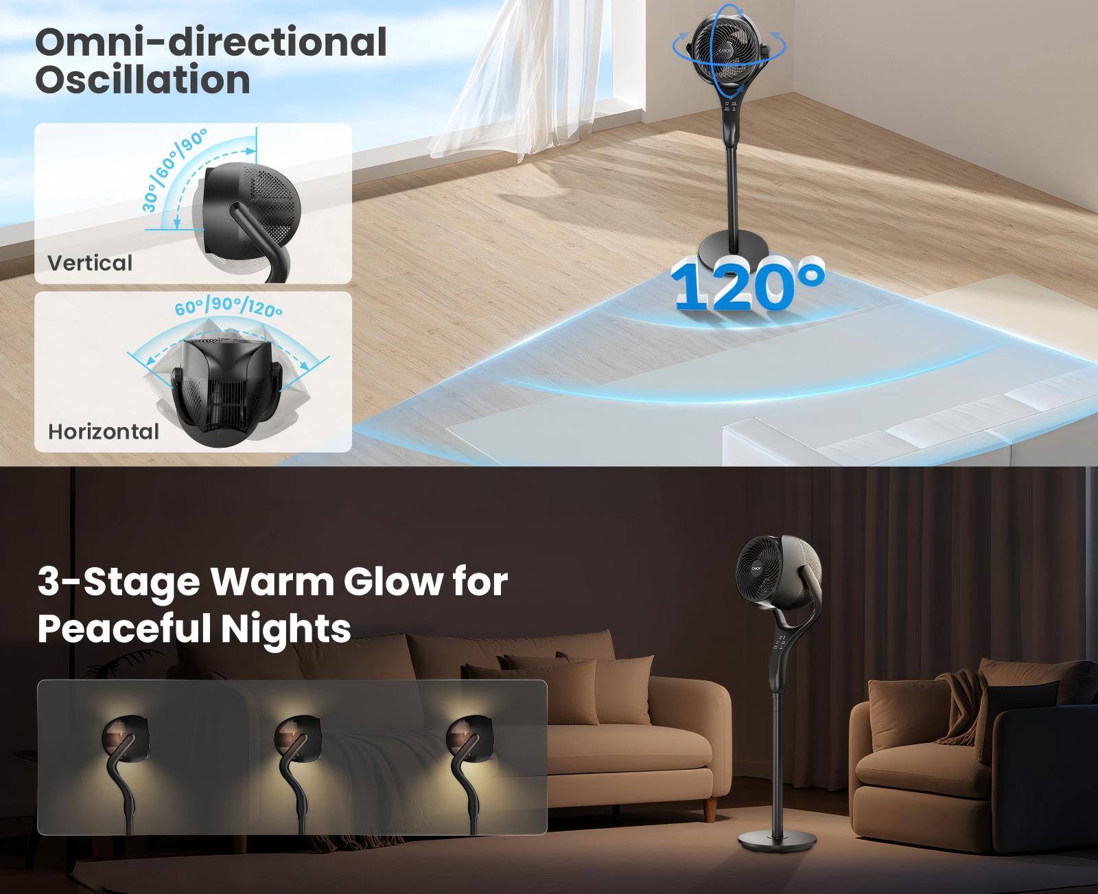 Omni-directional Oscillation  
Vertical: 30°/60°/90°/120°  
Horizontal: 60°/90°/120°  
120°  
3-Stage Warm Glow for Peaceful Nights
