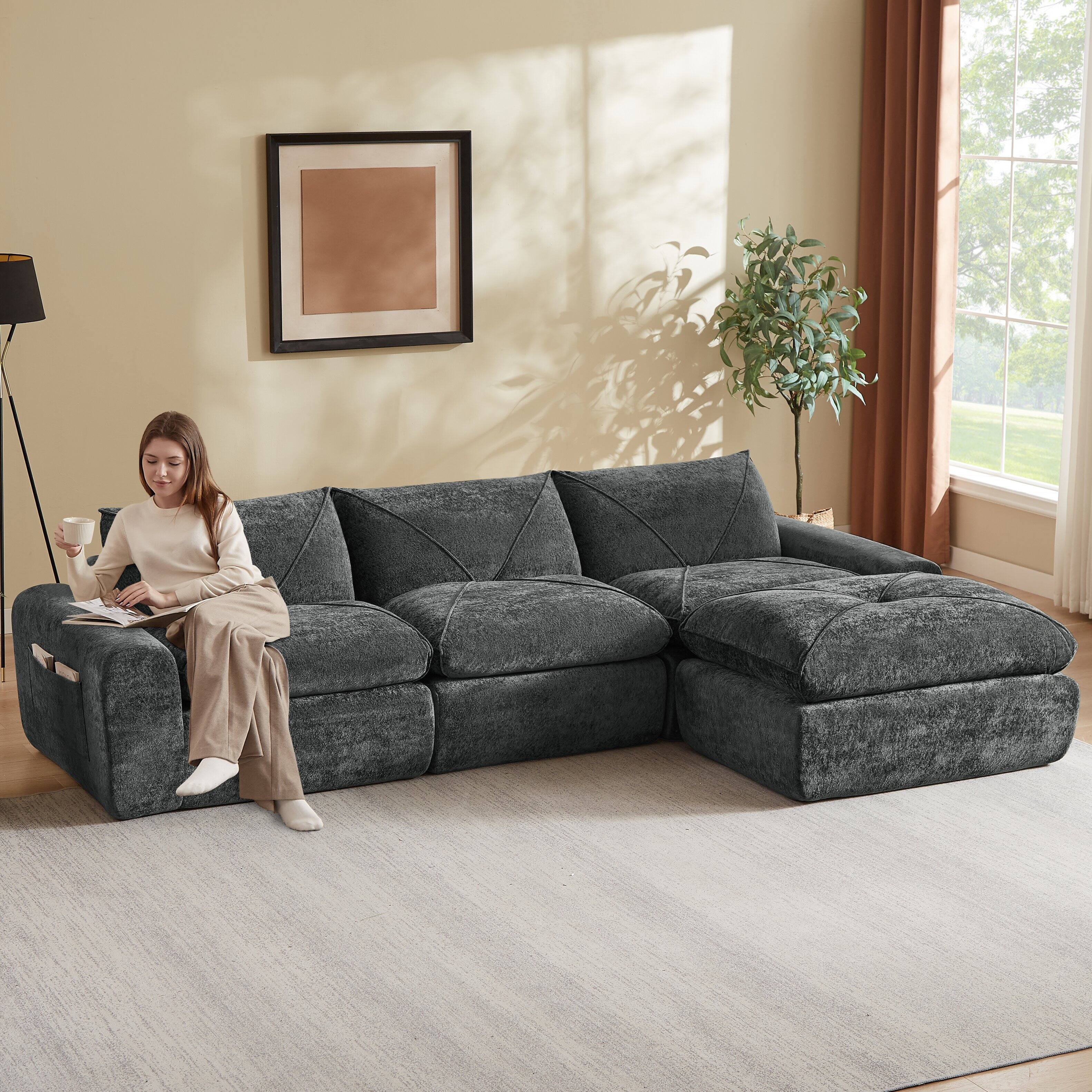 Back. Loheer - Loheer Chenille Sectional Sofa 119 Inch Modern Minimalist Couch with Ottoman - Dark Gray.