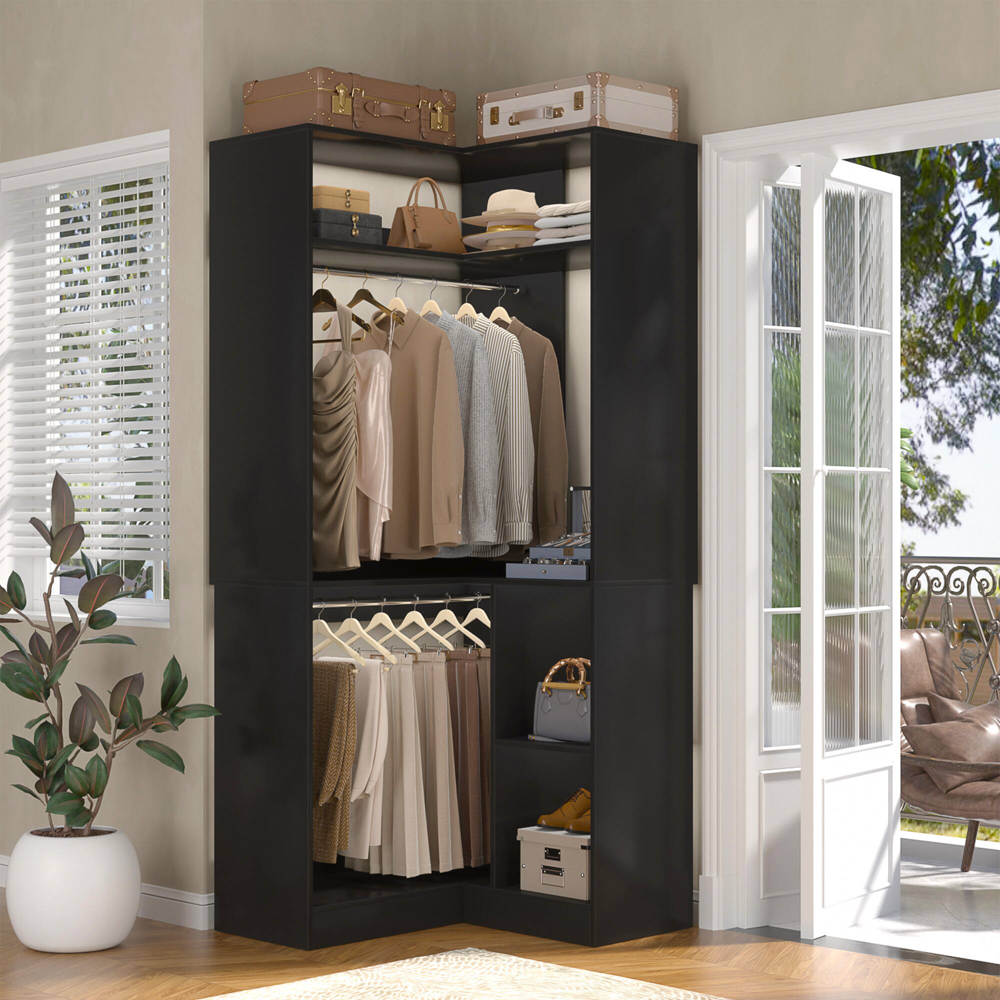 Aheaplus - Corner Closet System with 2 Hanging Rods, 33.5'' L Shaped Closet Organizer with 6 Shelves for Clothing Storage - Black