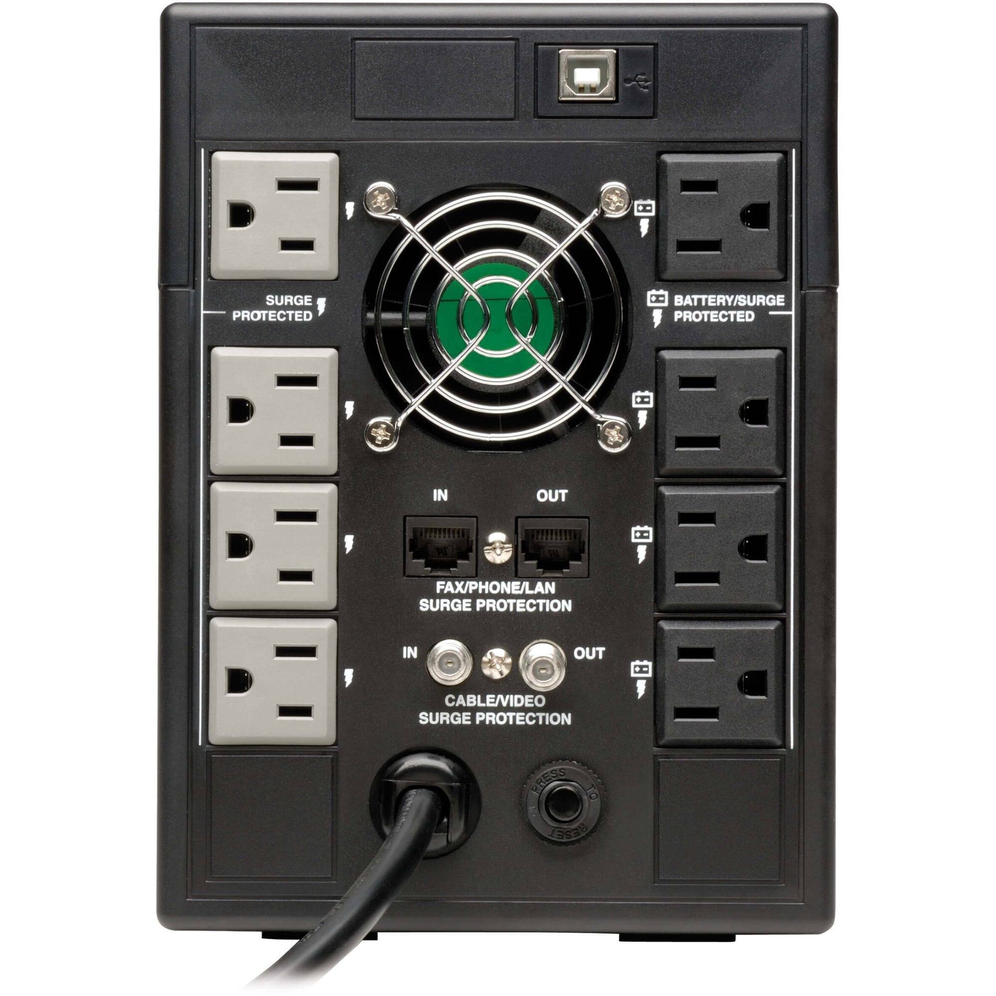 - E SURGE PROTECTED
- 1 IN OUT FAX/PHONE/LAN SURGE PROTECTION
- CABLE/VIDEO SURGE PROTECTION
- BATTERY/SURGE PROTECTED
- FAX/PHONE/LAN PROTECTION
- CABLE/VIDEO PROTECTION