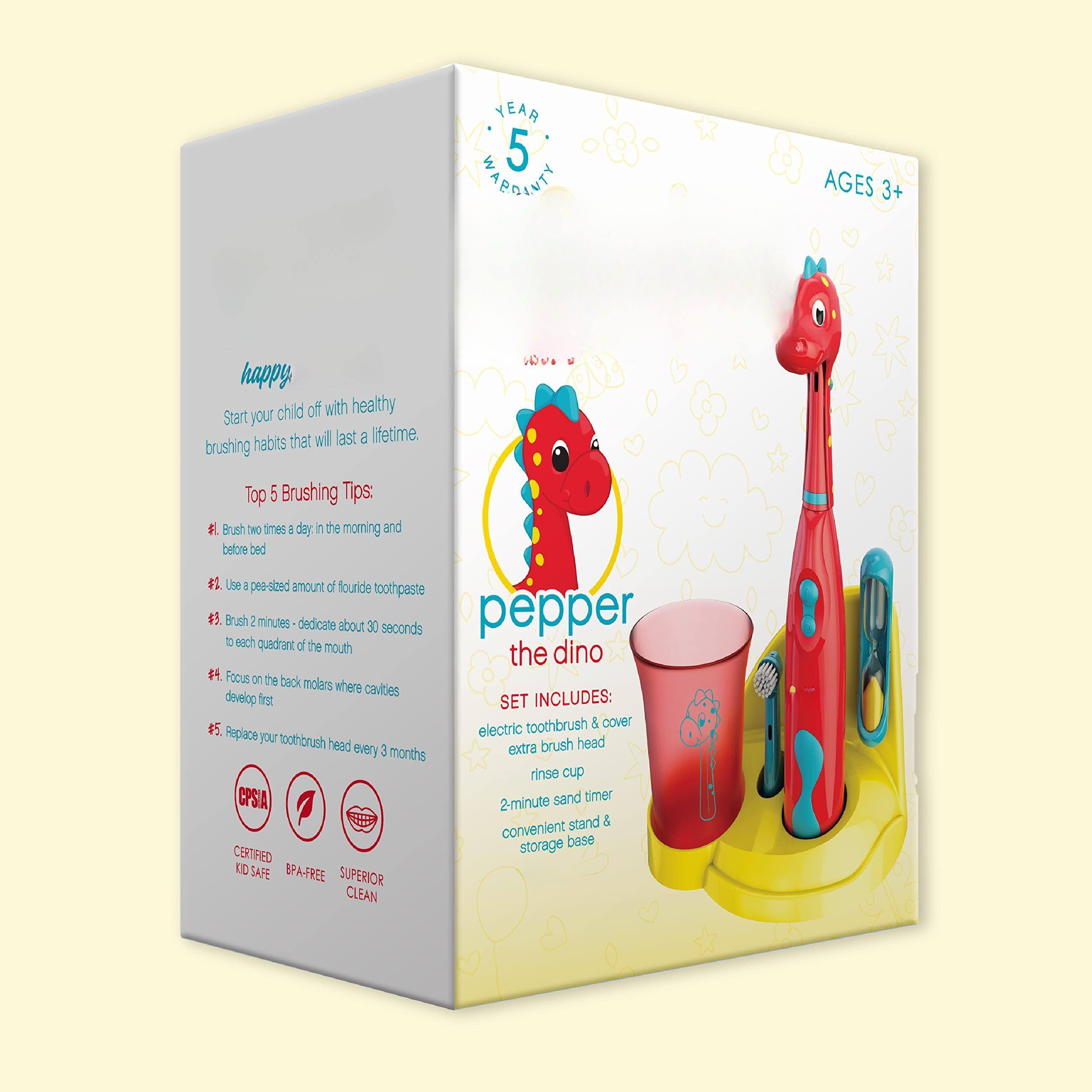 **Front of the Box:**

- **Year 5 Warranty**
- **Ages 3+**
- **Happy Start your child off with healthy brushing habits that will last a lifetime.**
- **Top 5 Brushing Tips:**
  1. Brush two times a day: in the morning and before bed
  2. Use a pea-sized amount of fluoride toothpaste
  3. Brush 2 minutes: dedicate about 30 seconds to each quadrant of the mouth
  4. Focus on the back molars where cavities develop first
  5. Replace your toothbrush head every 3 months
- **Certified KD Safe**
- **BPA-Free**
- **Superior Clean**
- **CPSIA**

**Back of the Box:**

- **Pepper the Dino**
- **Set Includes:**
  - Electric toothbrush & cover
  - Extra brush head
  - Rinse cup
  - 2-minute sand timer
  - Convenient stand & storage base