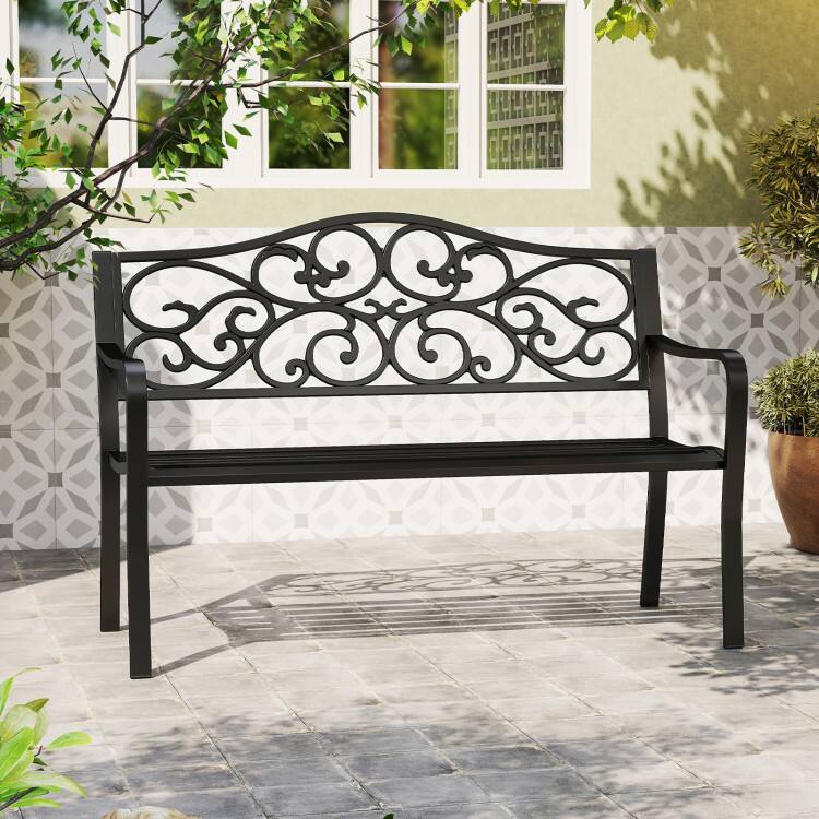 Alt View 1. Mondawe - 50 Inch Outdoor Cast Iron Metal Patio Bench with Floral Backrest and Slatted Seat - Black.