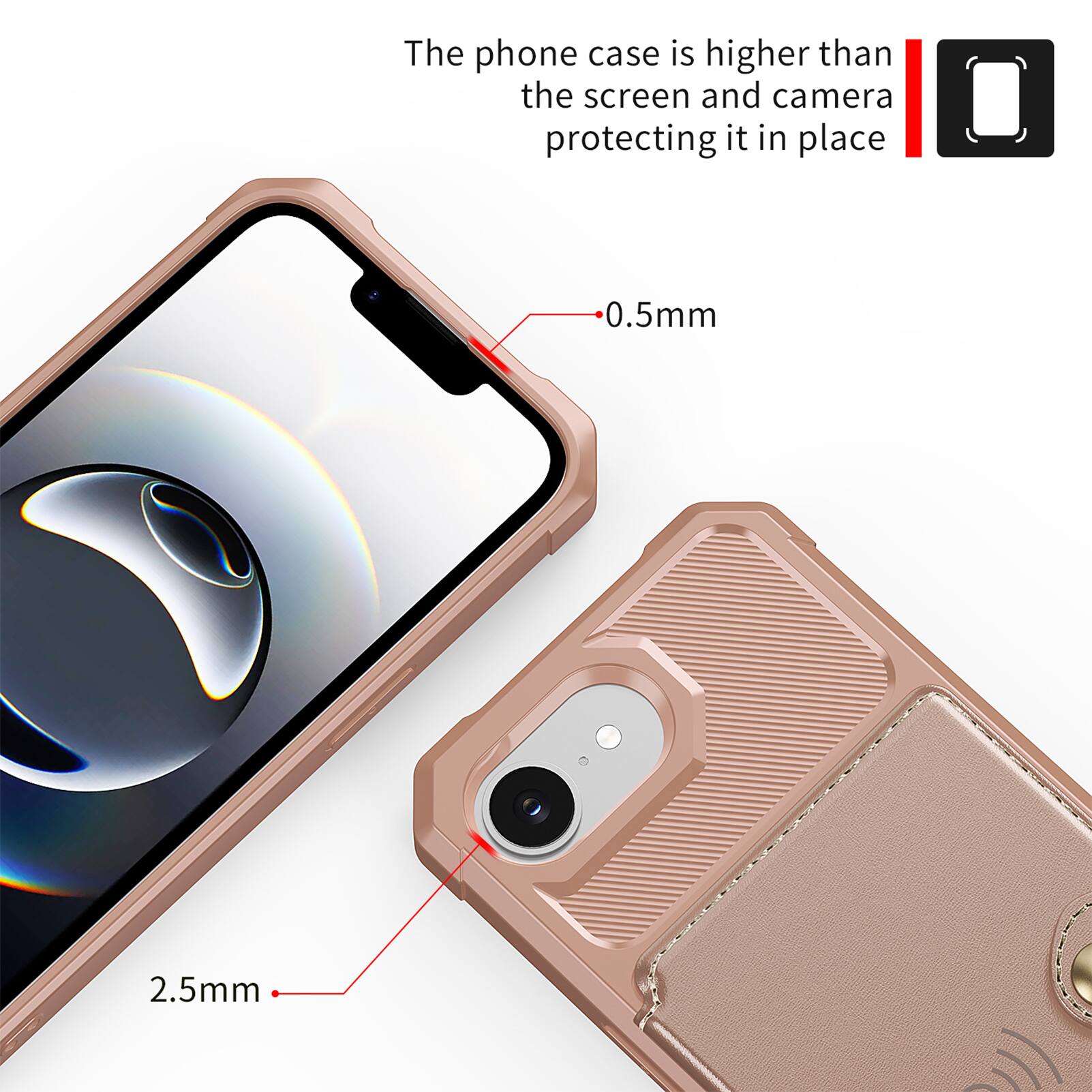 The phone case is higher than the screen and camera protecting it in place.  
0.5mm  
2.5mm