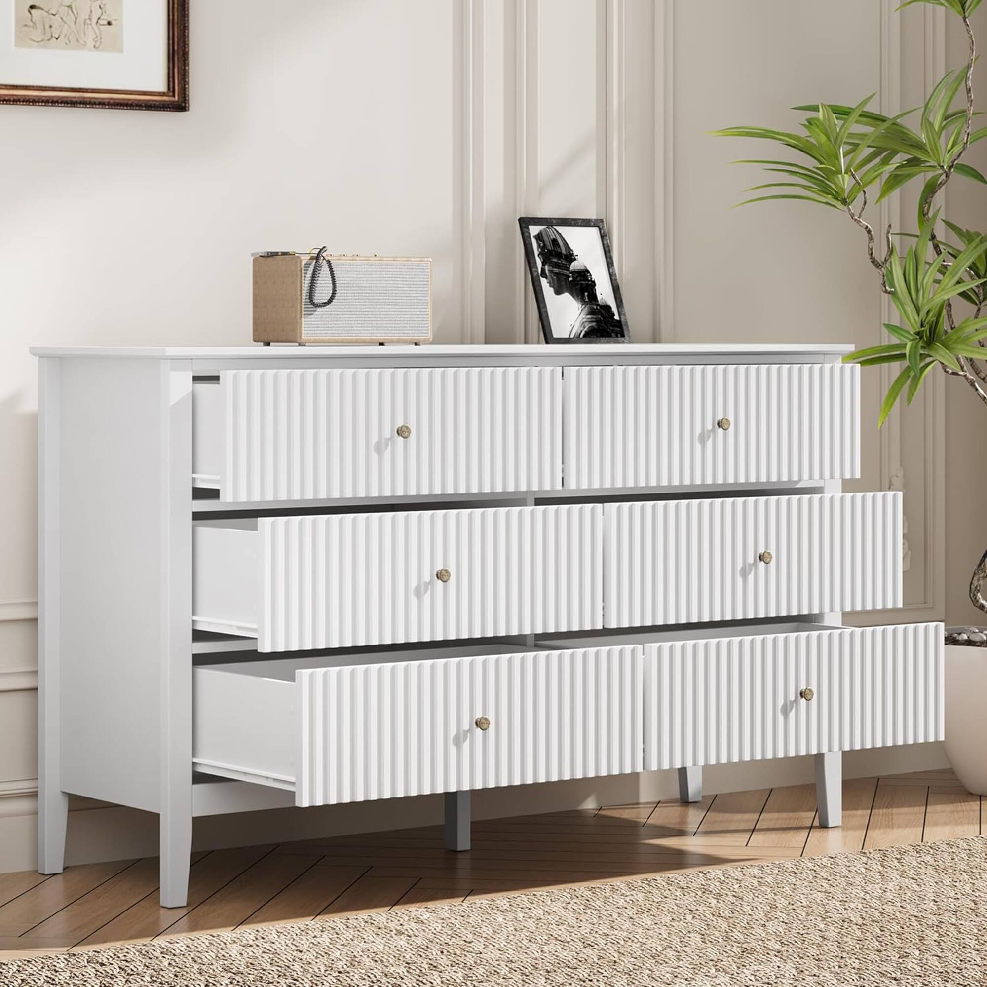 Alt View 4. RoyalCraft - RoyalCraft Fluted Dresser 6 Drawer Bedroom Storage Cabinet and Nightstand, White - White.
